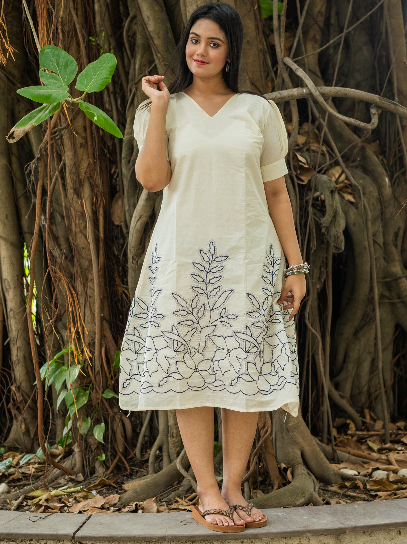 Snow‑White with Navy Floral Handwork Cotton Dress - Uttariya