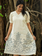 Snow‑White with Navy Floral Handwork Cotton Dress - Uttariya