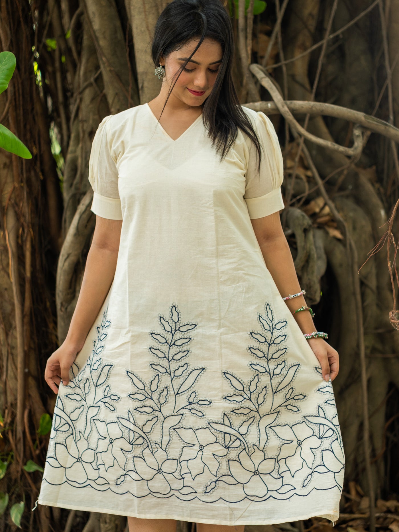 Snow‑White with Navy Floral Handwork Cotton Dress - Uttariya