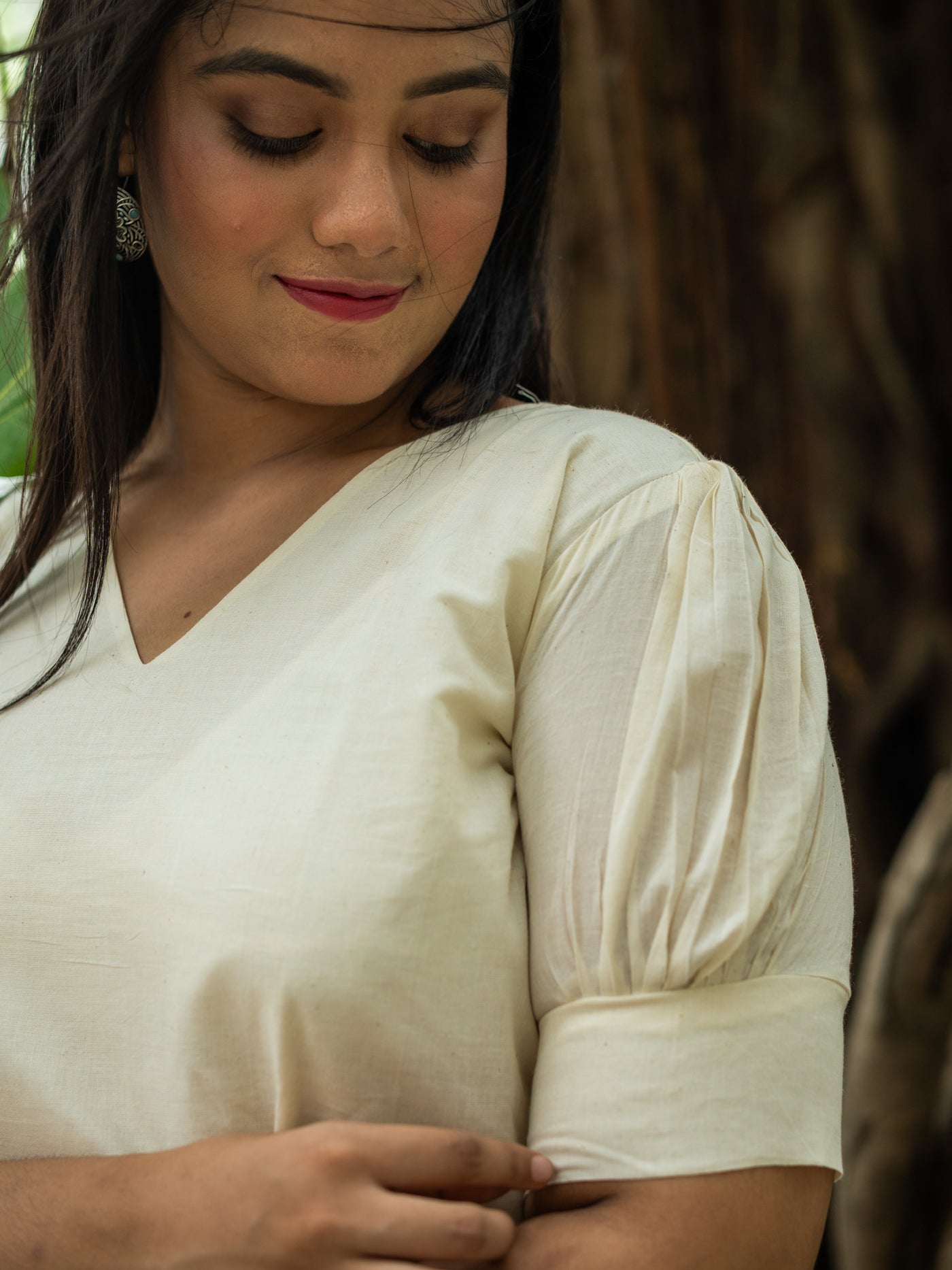 Snow‑White with Navy Floral Handwork Cotton Dress - Uttariya