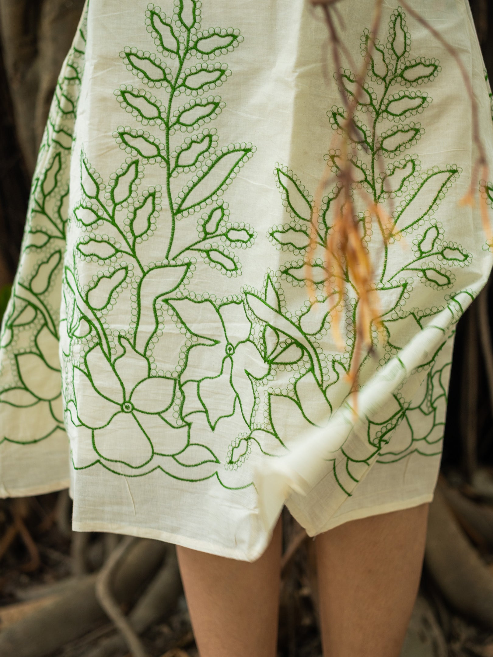 White Handspun Mint Leaf Floral Cotton Dress