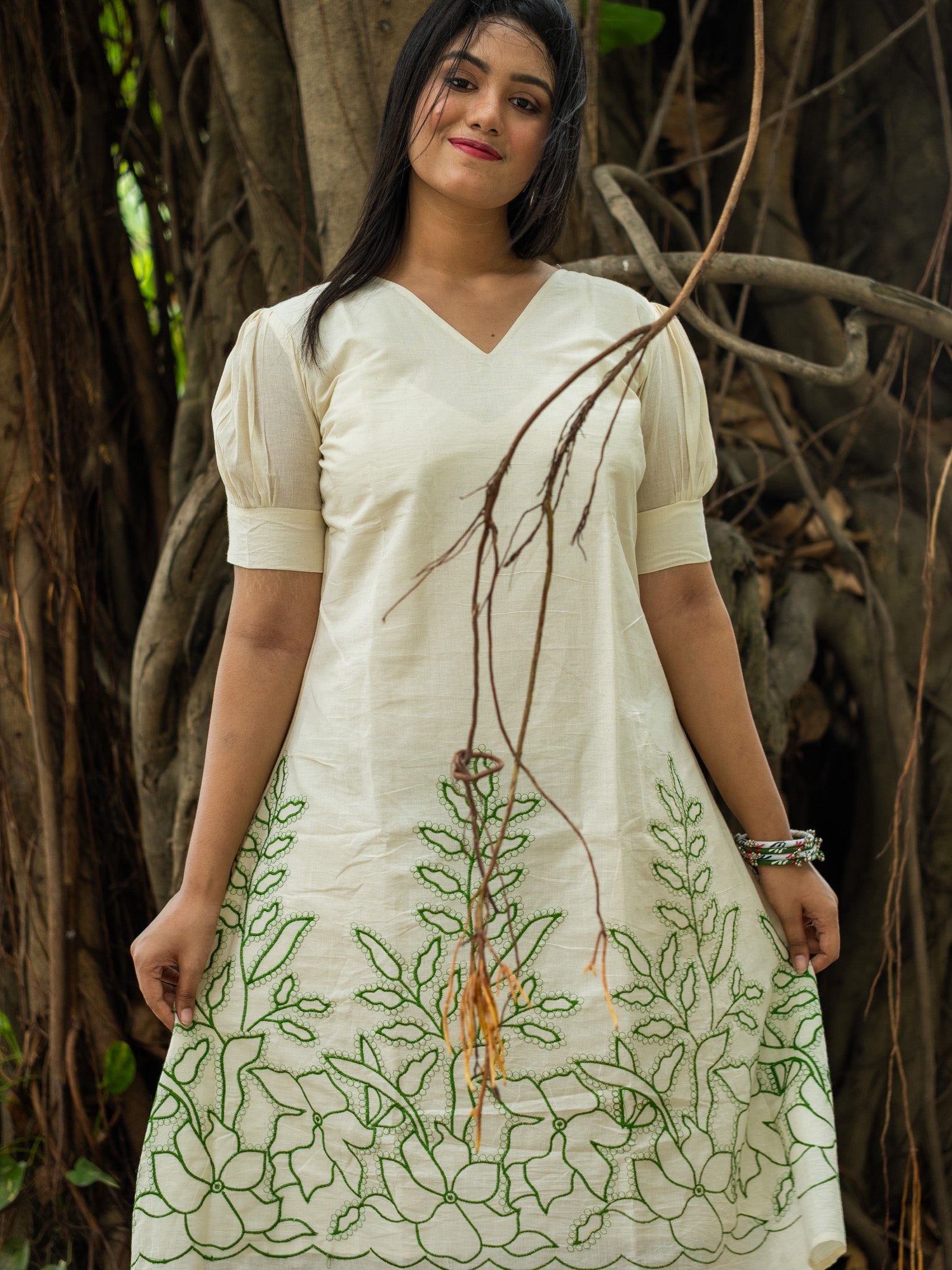 White Handspun Mint Leaf Floral Cotton Dress