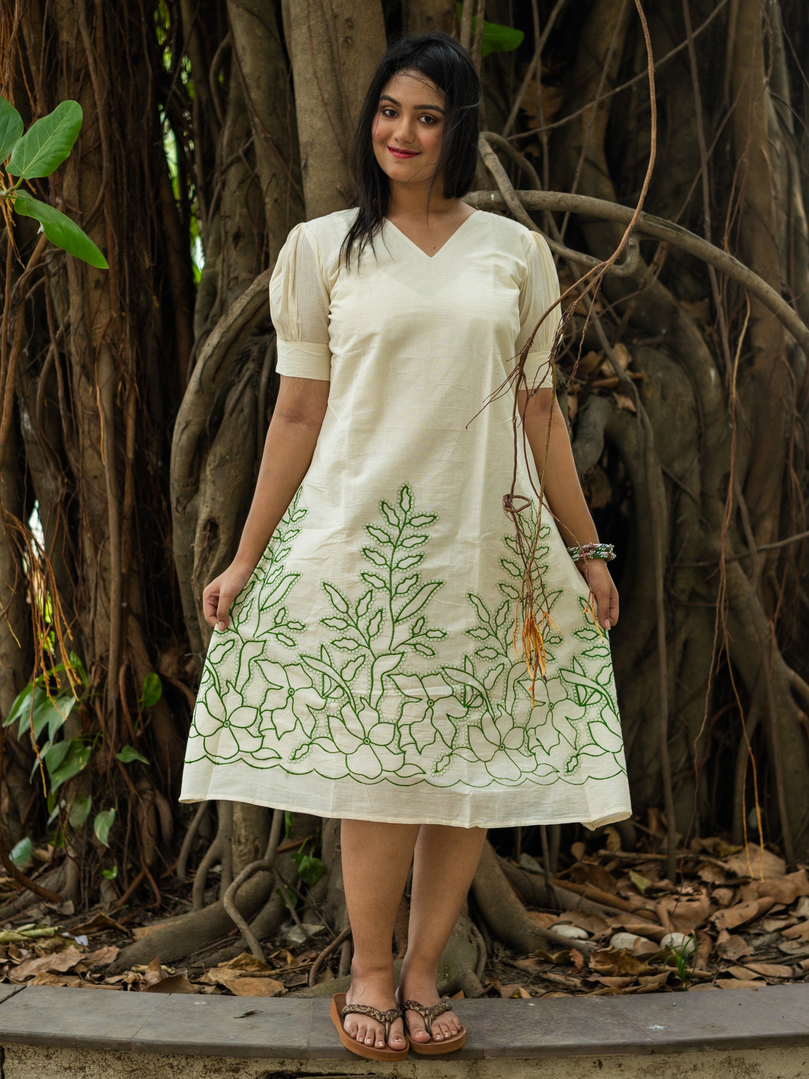 White Handspun Mint Leaf Floral Cotton Dress