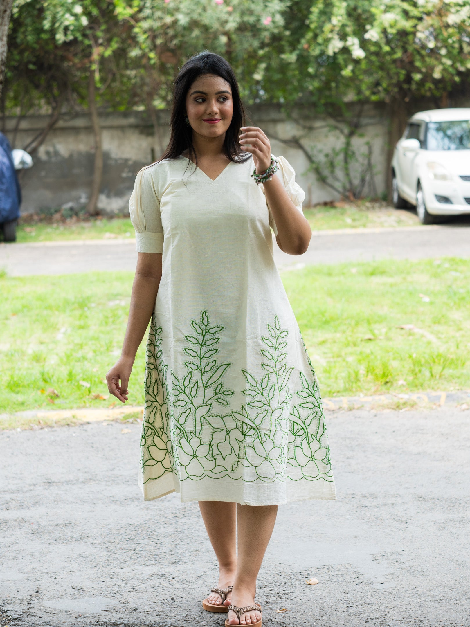 White Handspun Mint Leaf Floral Cotton Dress