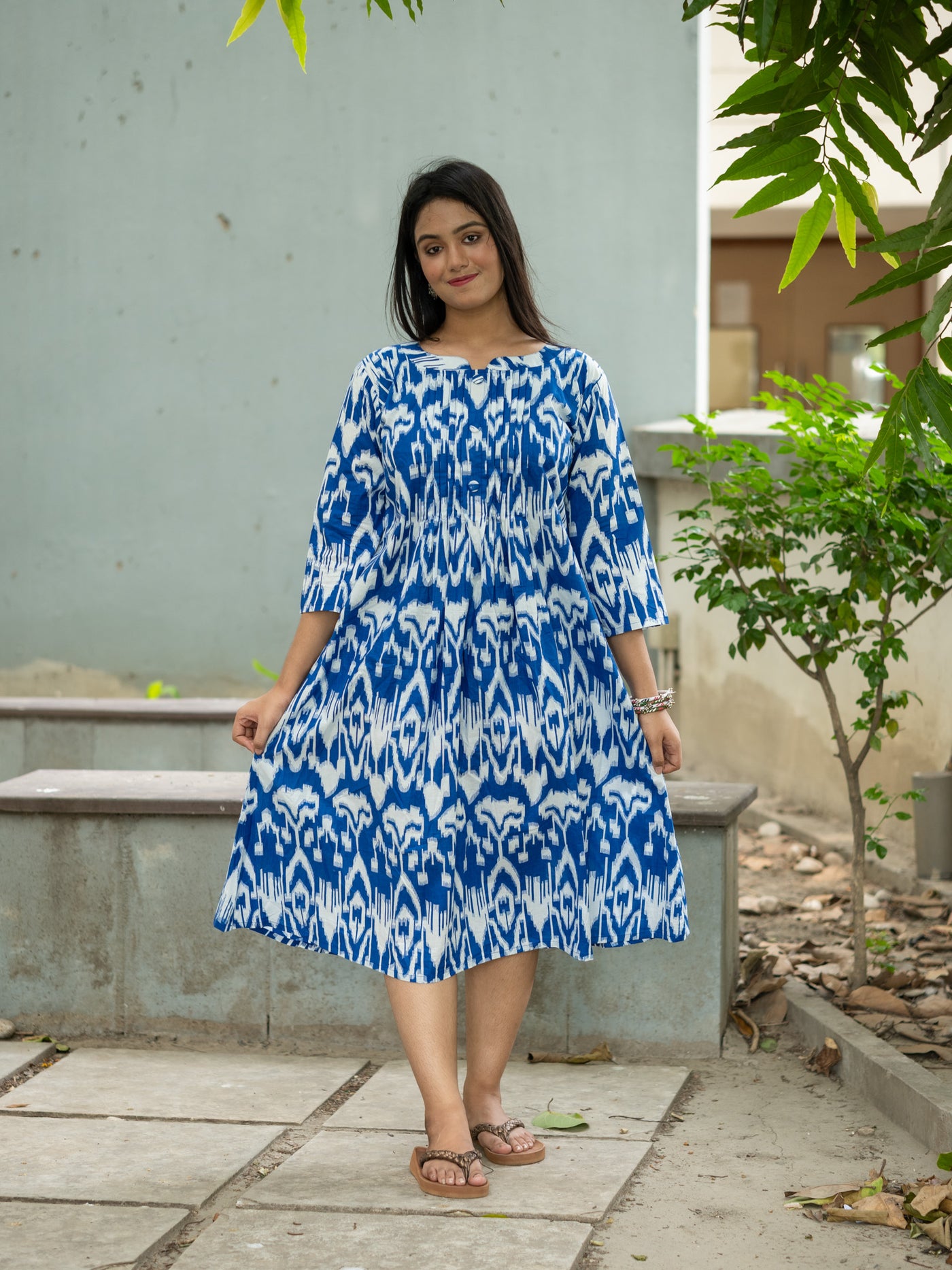 Blue Mirage Ikkat Cotton Dress - Uttariya