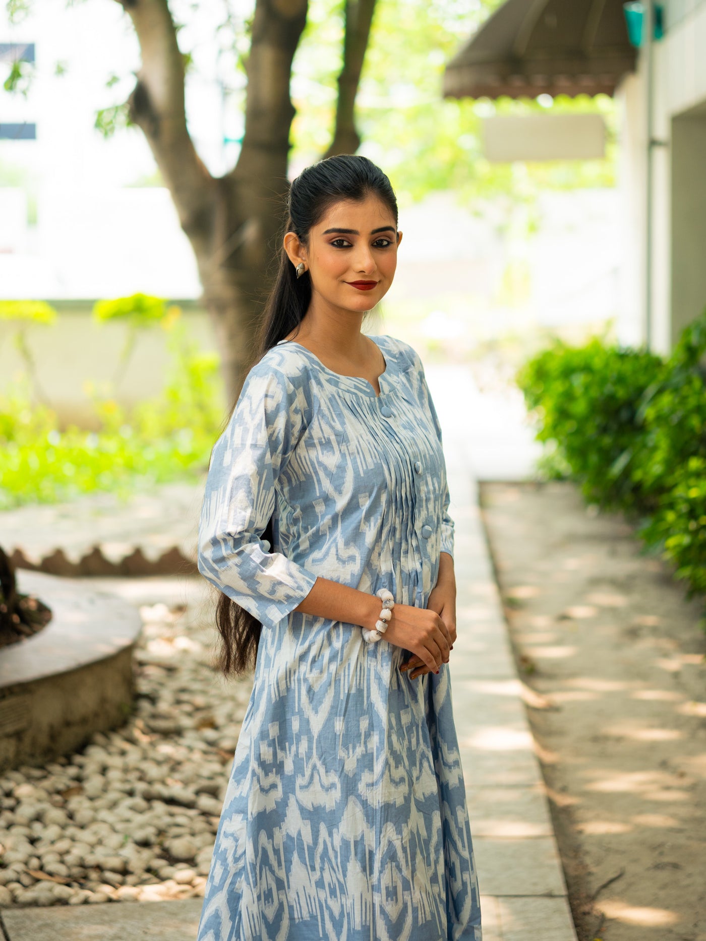Frosted Sky Grey Ikkat Cotton Dress