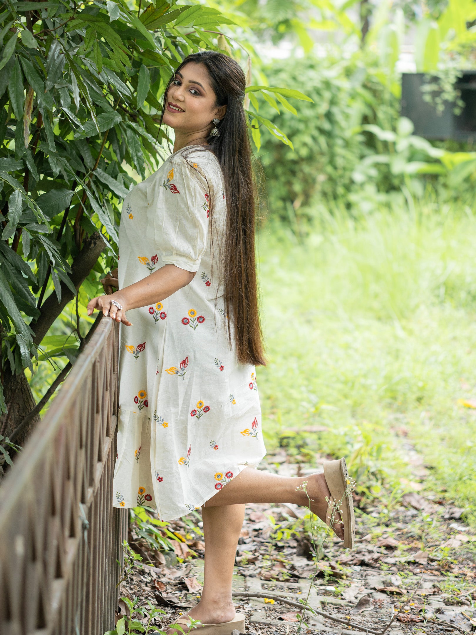 Chiffon White Drape Hand Spun Cotton Dress