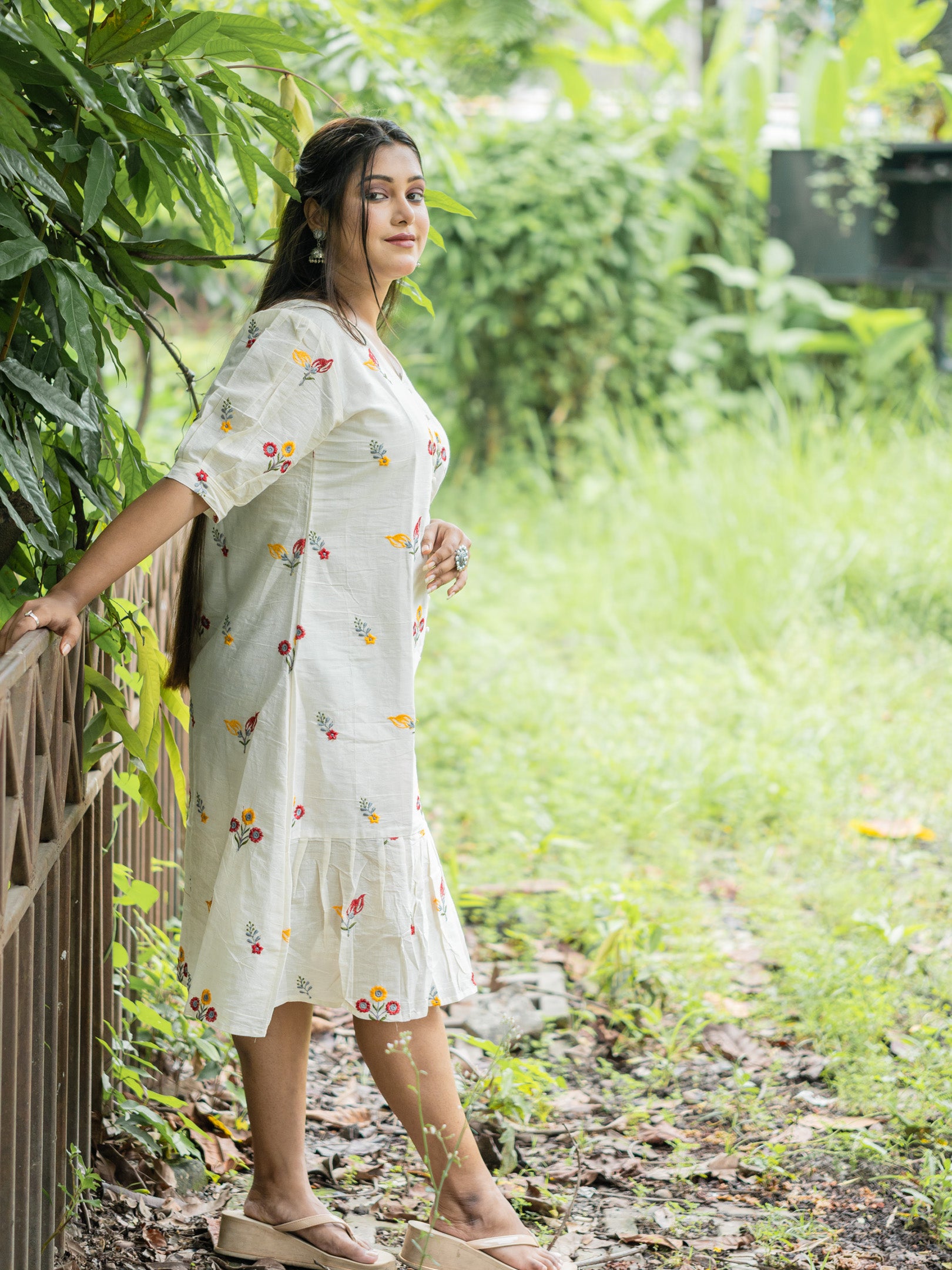 Chiffon White Drape Hand Spun Cotton Dress