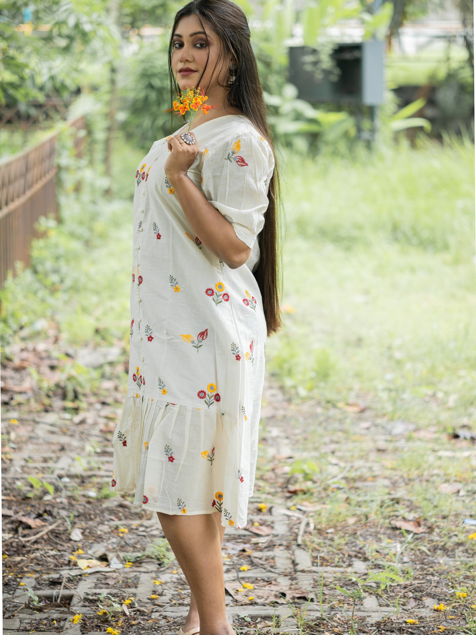 Chiffon White Drape Hand Spun Cotton Dress