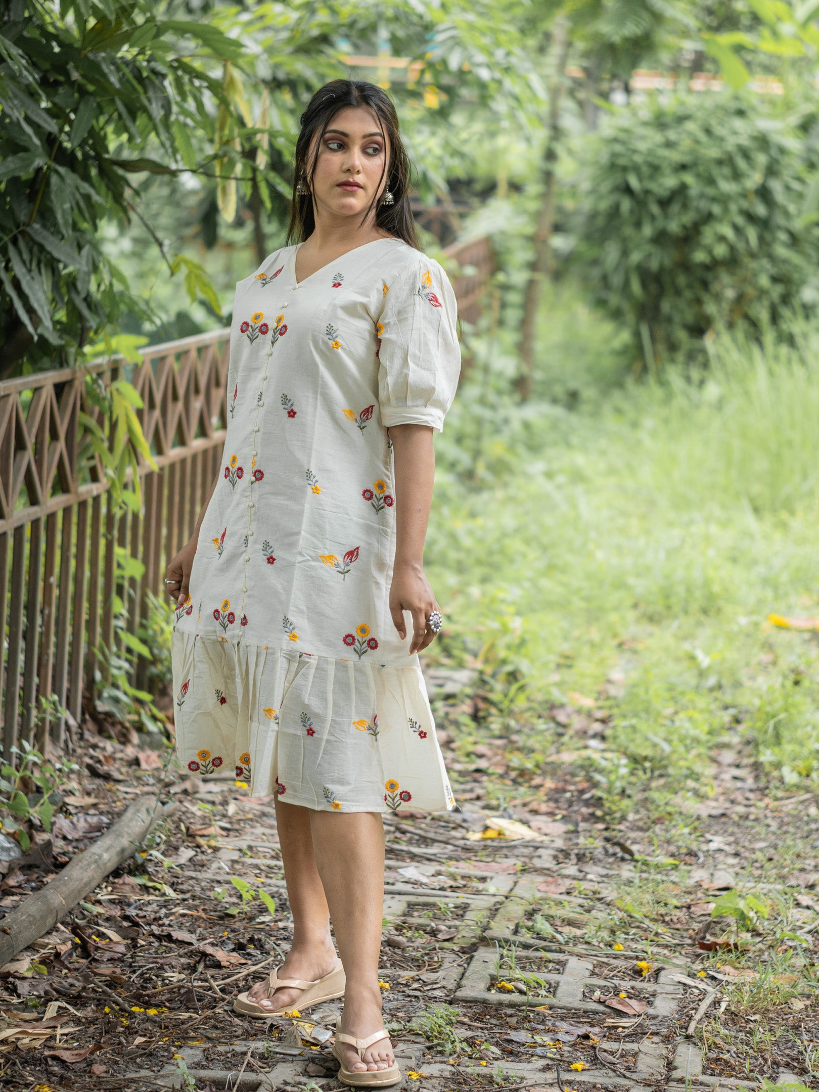 Chiffon White Drape Hand Spun Cotton Dress