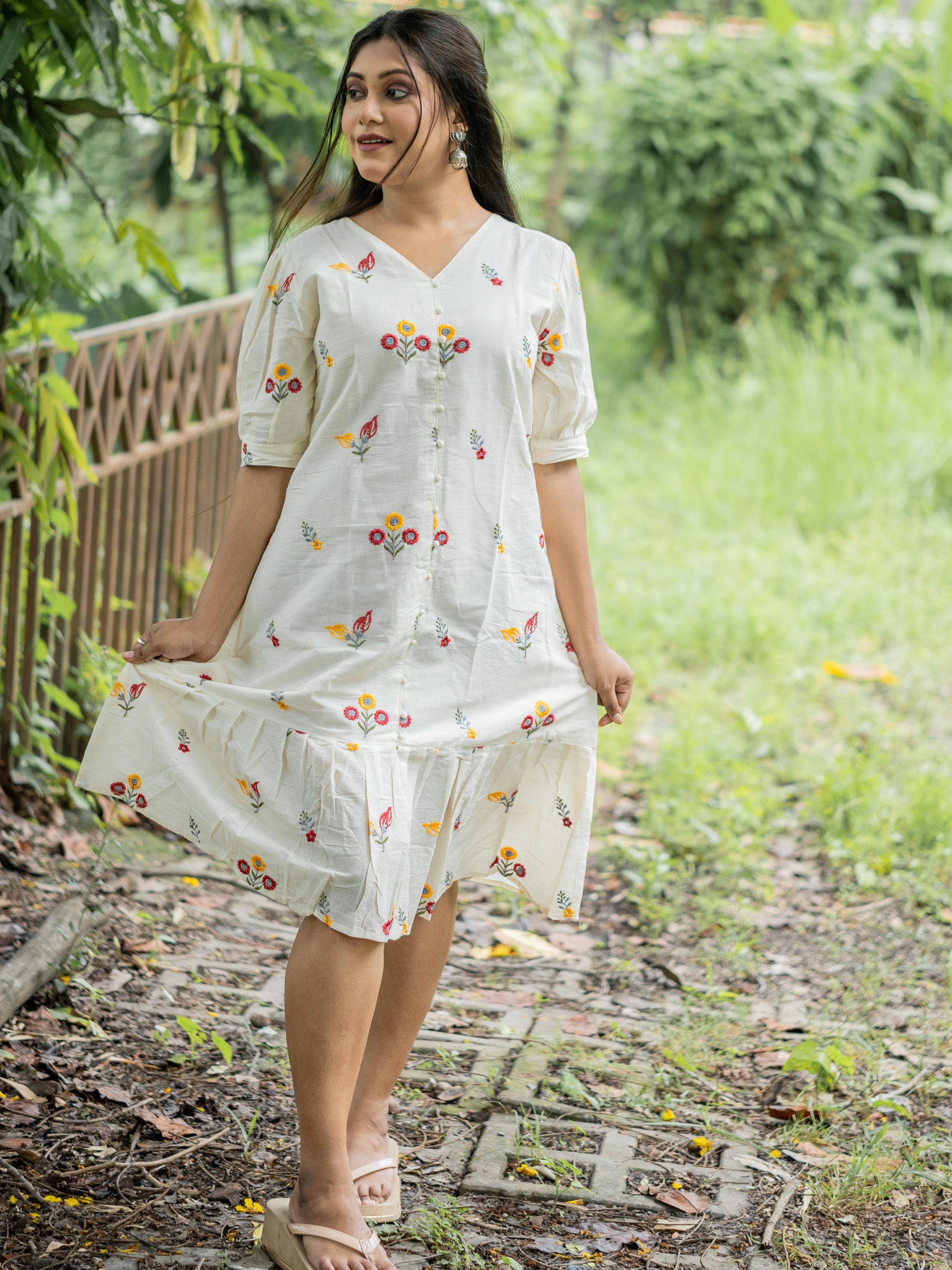 Chiffon White Drape Hand Spun Cotton Dress