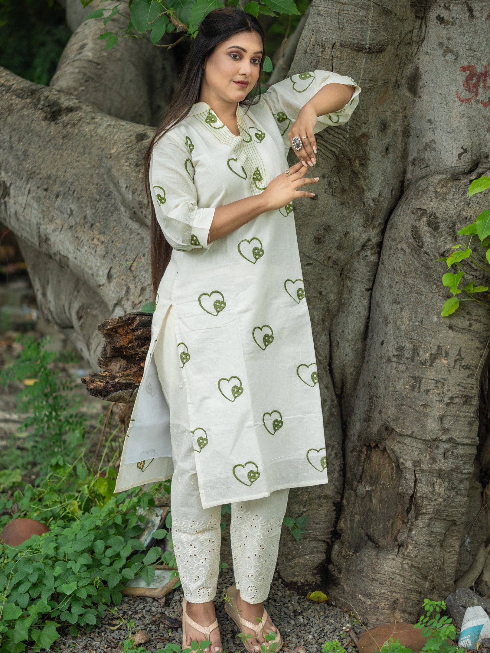 White Heartsong Ivory Embroidered Khadi Cotton kurta