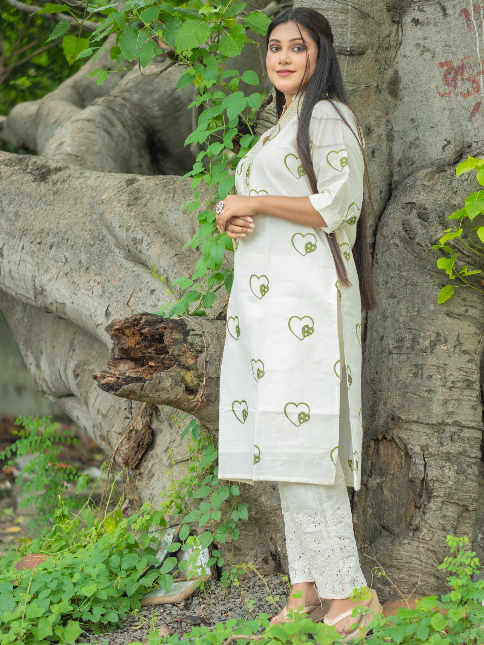 White Heartsong Ivory Embroidered Khadi Cotton kurta