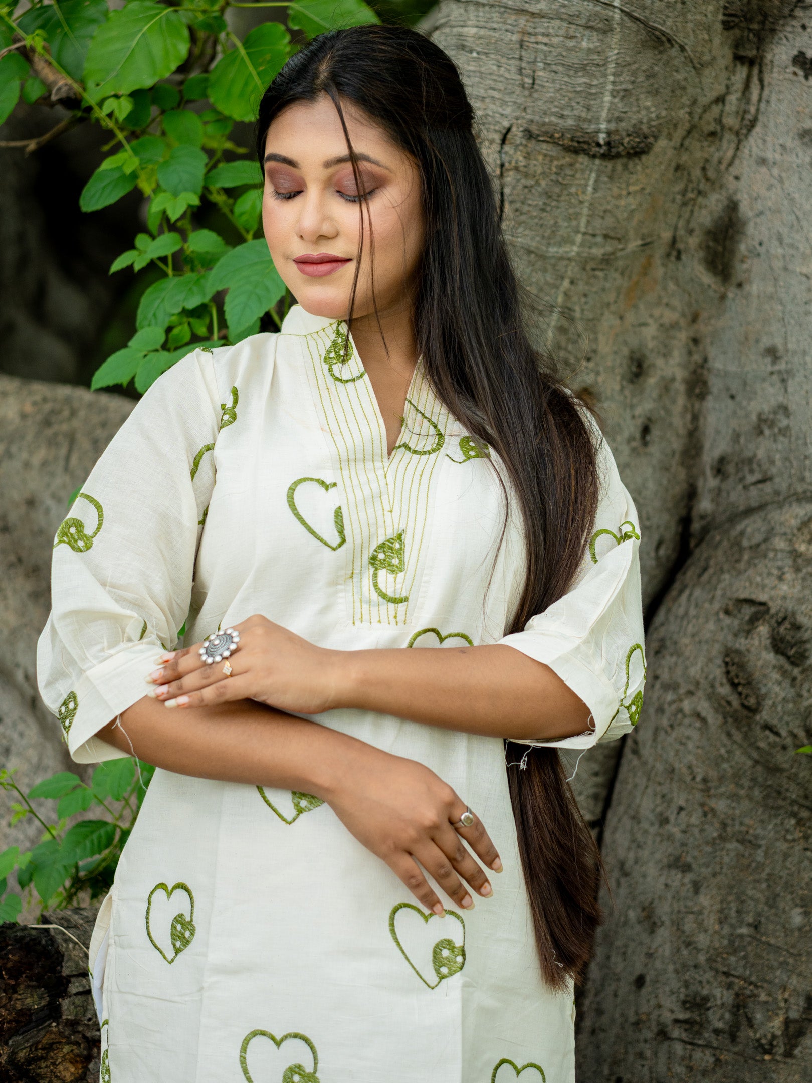 White Heartsong Ivory Embroidered Khadi Cotton kurta