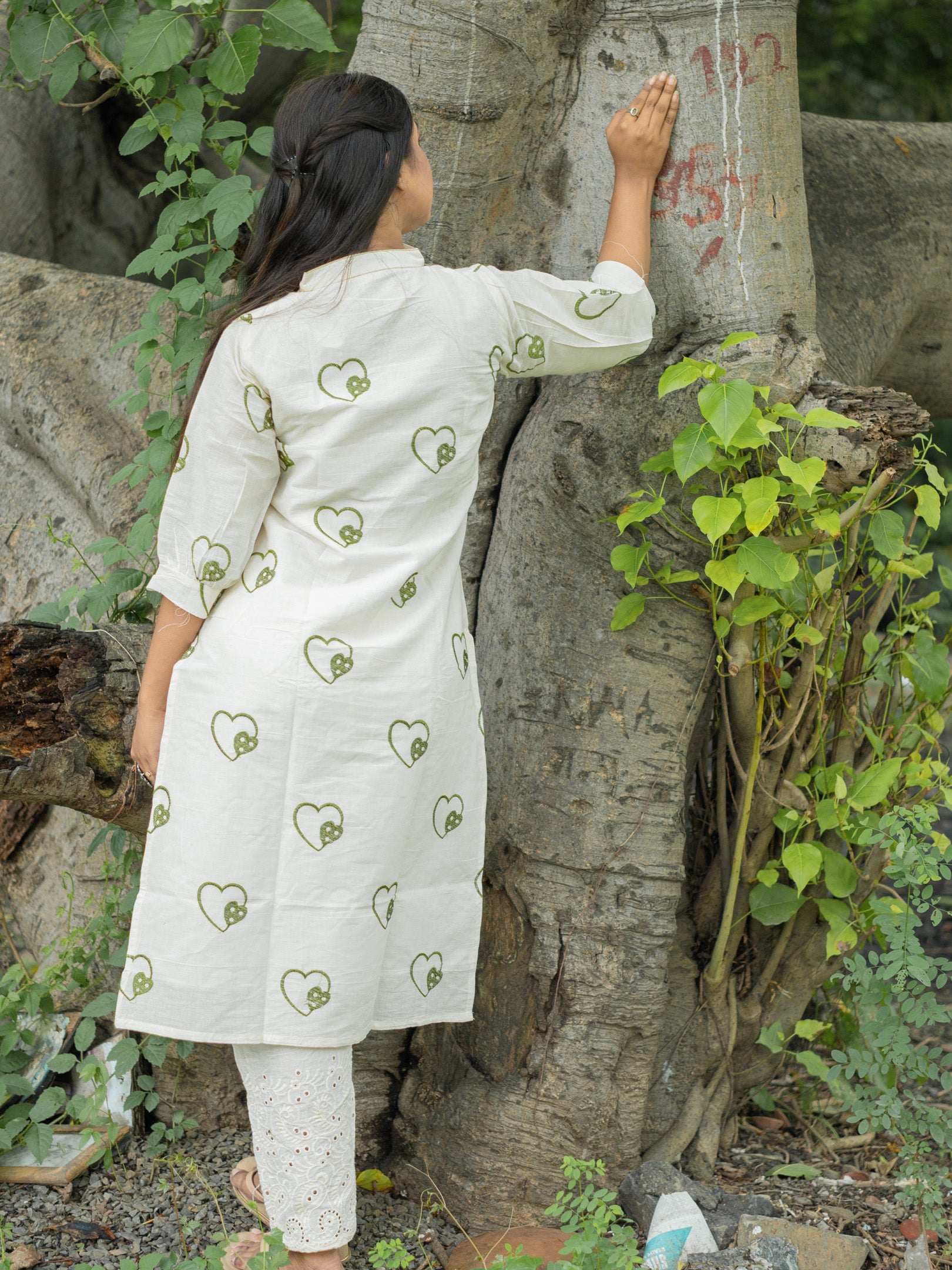 White Heartsong Ivory Embroidered Khadi Cotton kurta