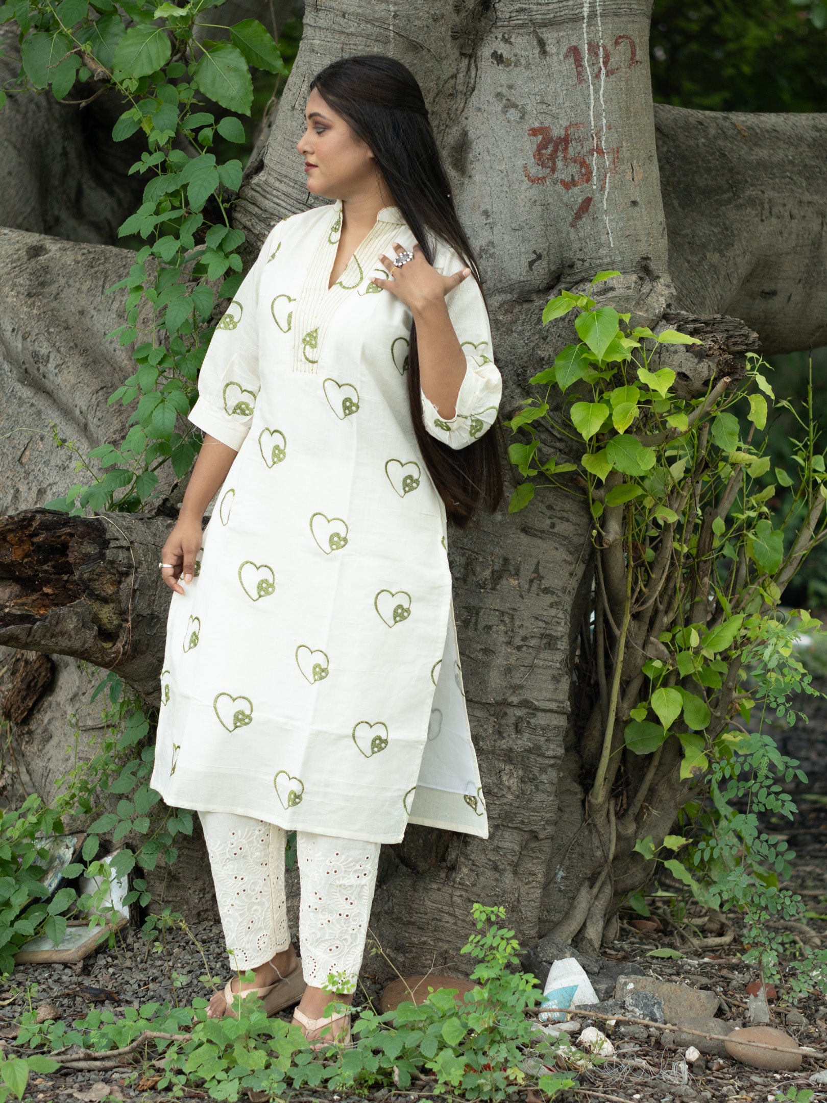 White Heartsong Ivory Embroidered Khadi Cotton kurta