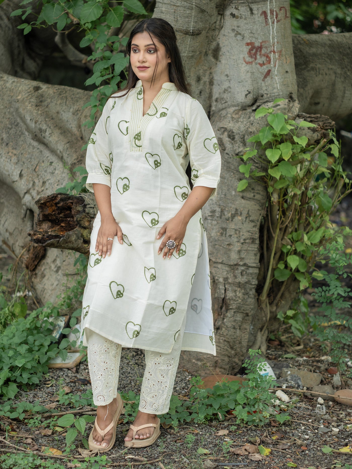 White Heartsong Ivory Embroidered Khadi Cotton kurta