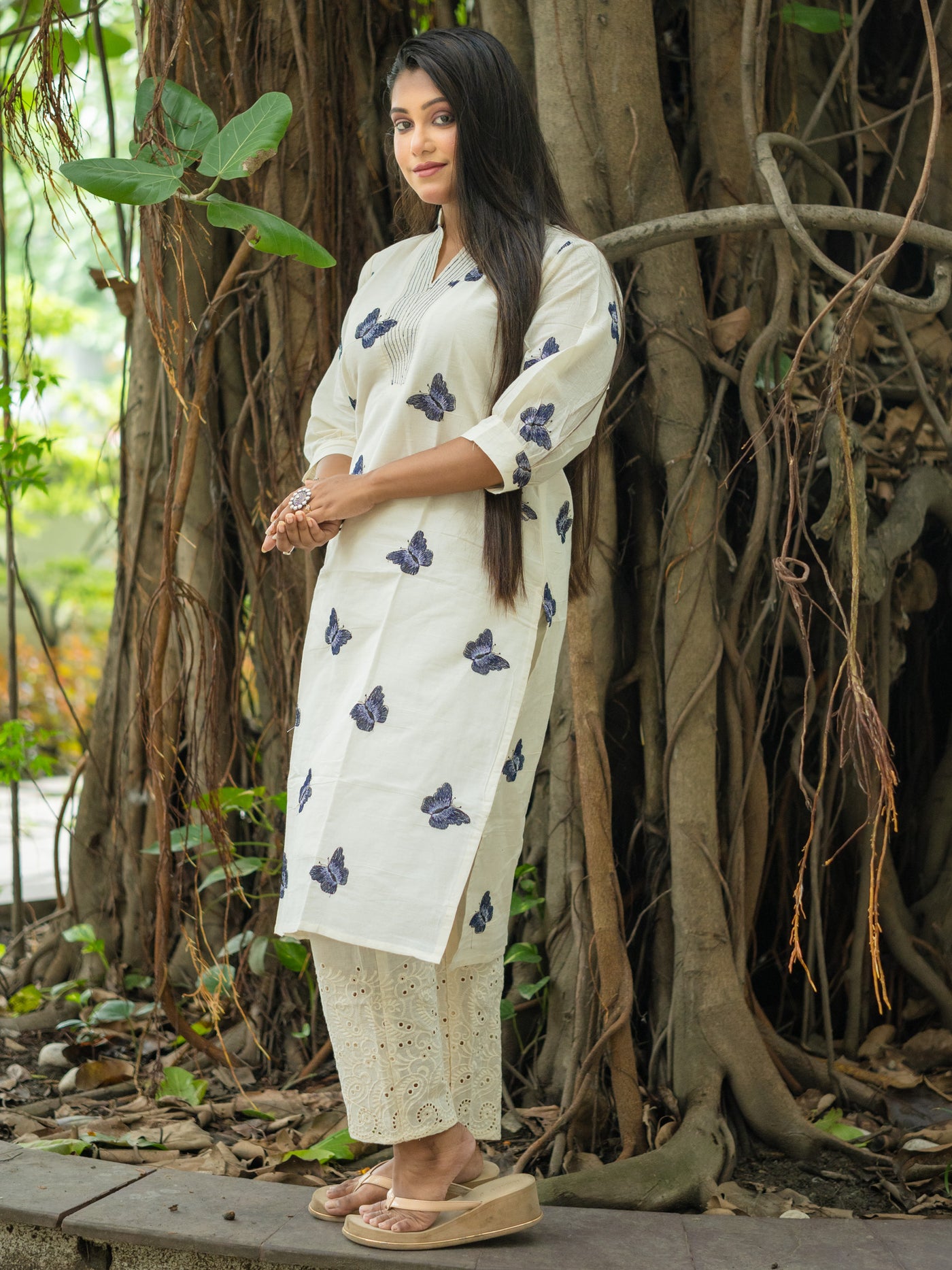 White Butterfly Reverie Embroidered Khadi Cotton Kurta - Uttariya