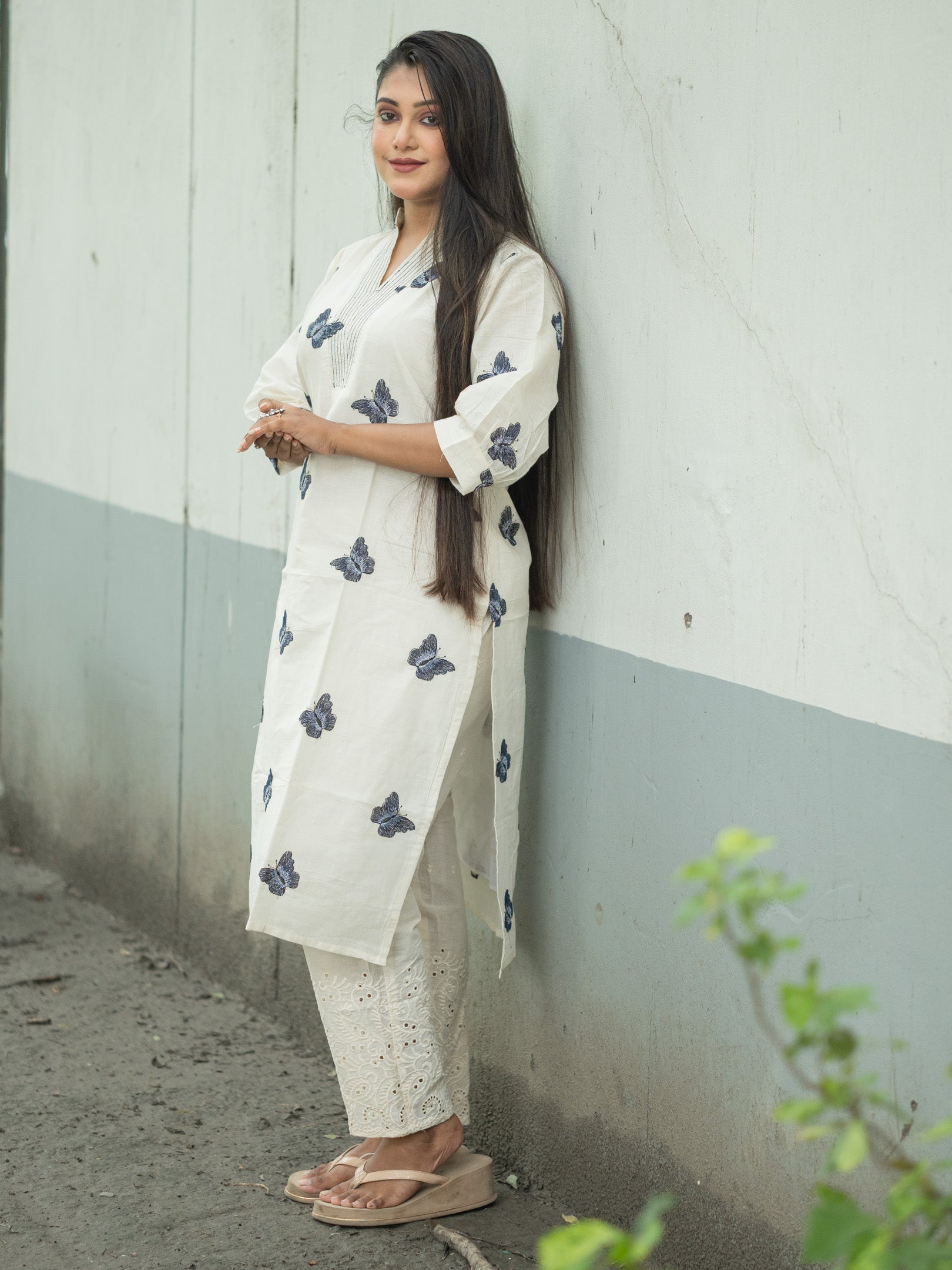 White Butterfly Reverie Embroidered Khadi Cotton Kurta