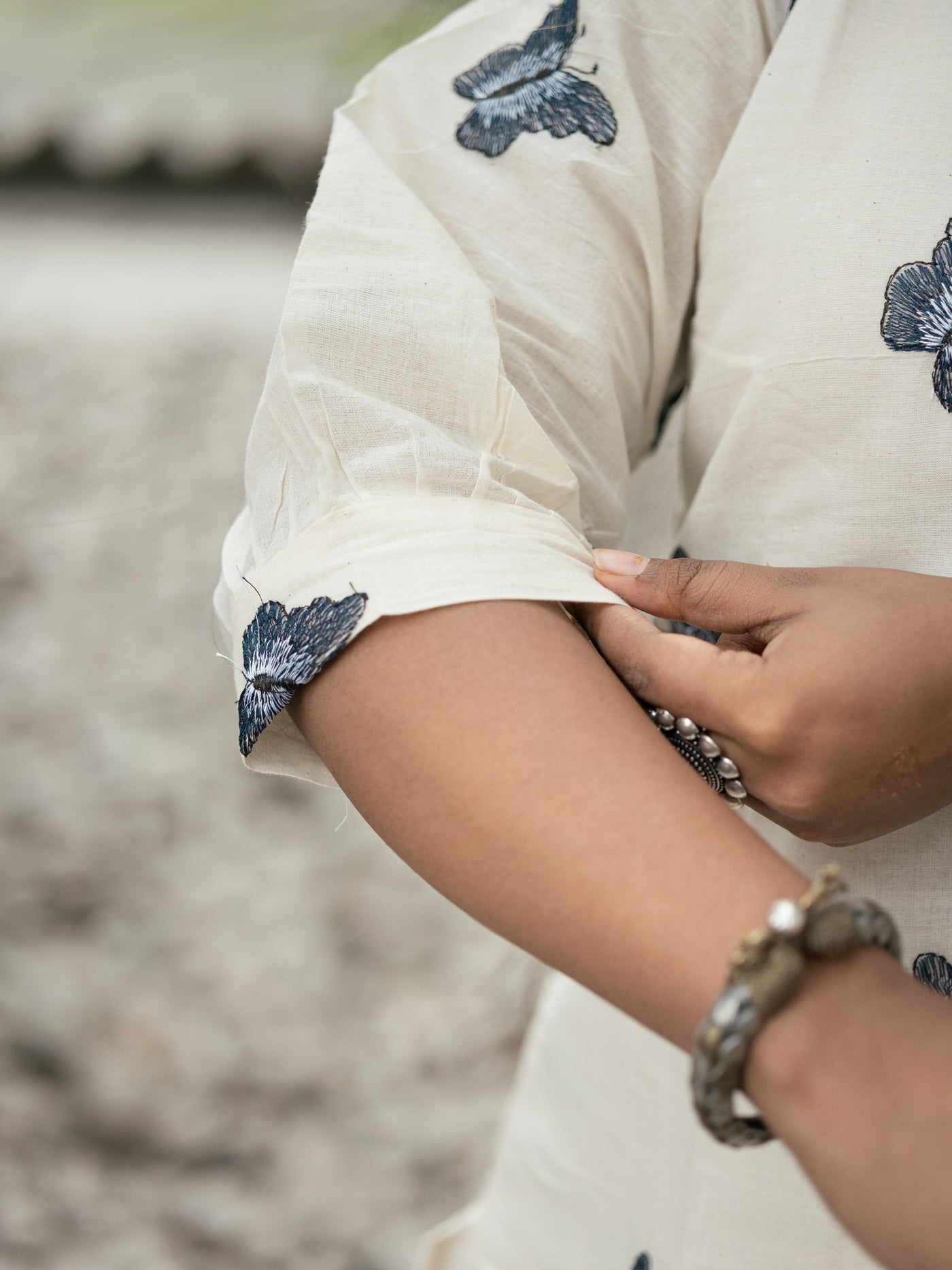 White Butterfly Reverie Embroidered Khadi Cotton Kurta - Uttariya