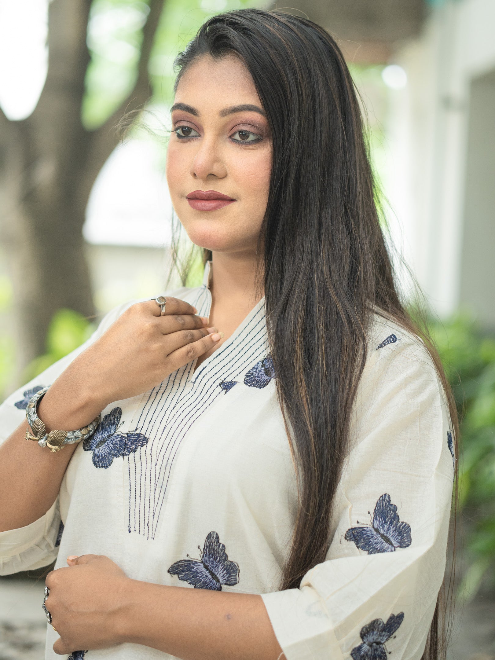 White Butterfly Reverie Embroidered Khadi Cotton Kurta