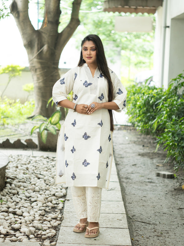 White Butterfly Reverie Embroidered Khadi Cotton Kurta - Uttariya