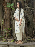 White Butterfly Reverie Embroidered Khadi Cotton Kurta - Uttariya