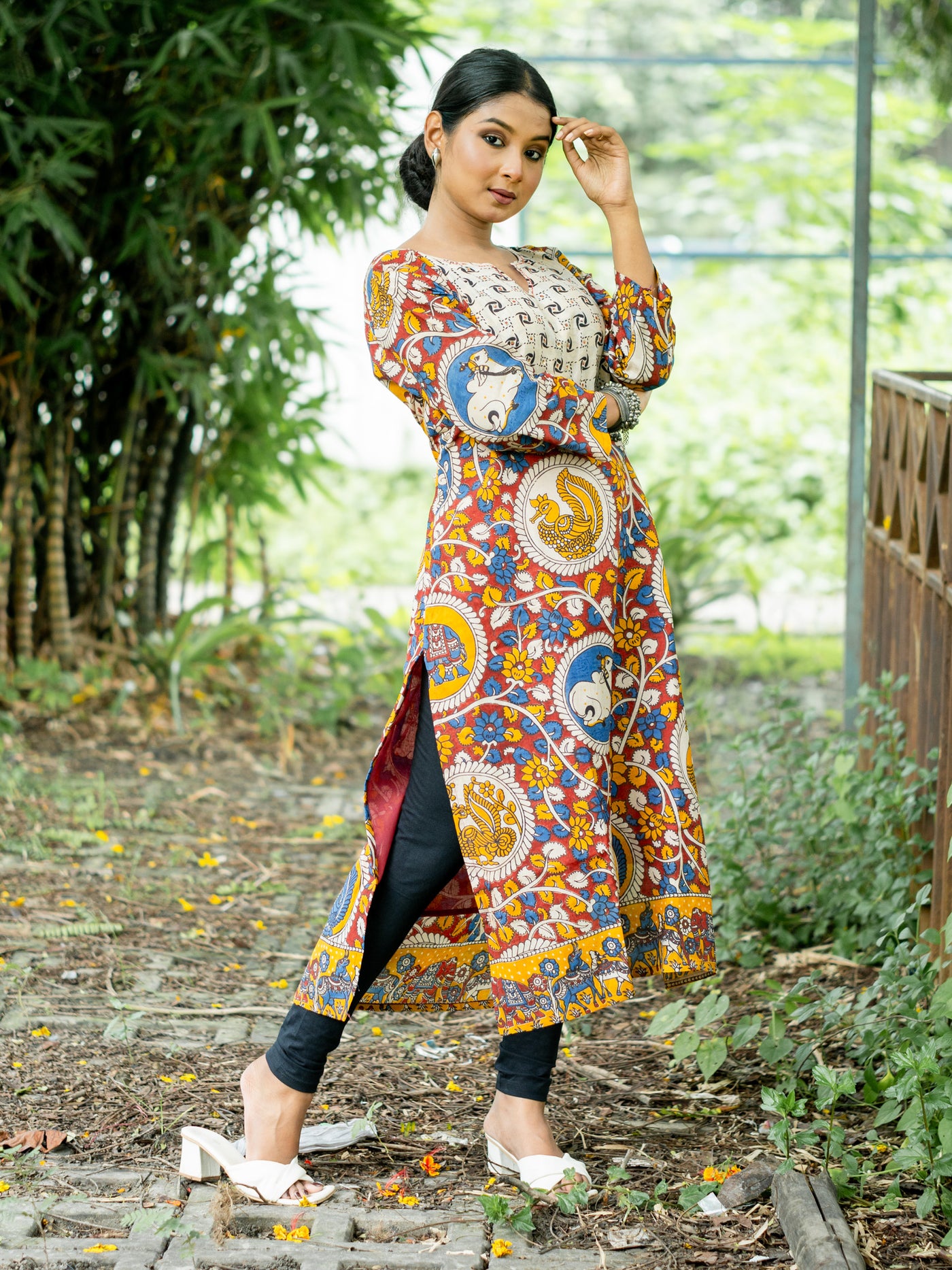 Katha Kalika Silk Kalamkari Kurta - Uttariya