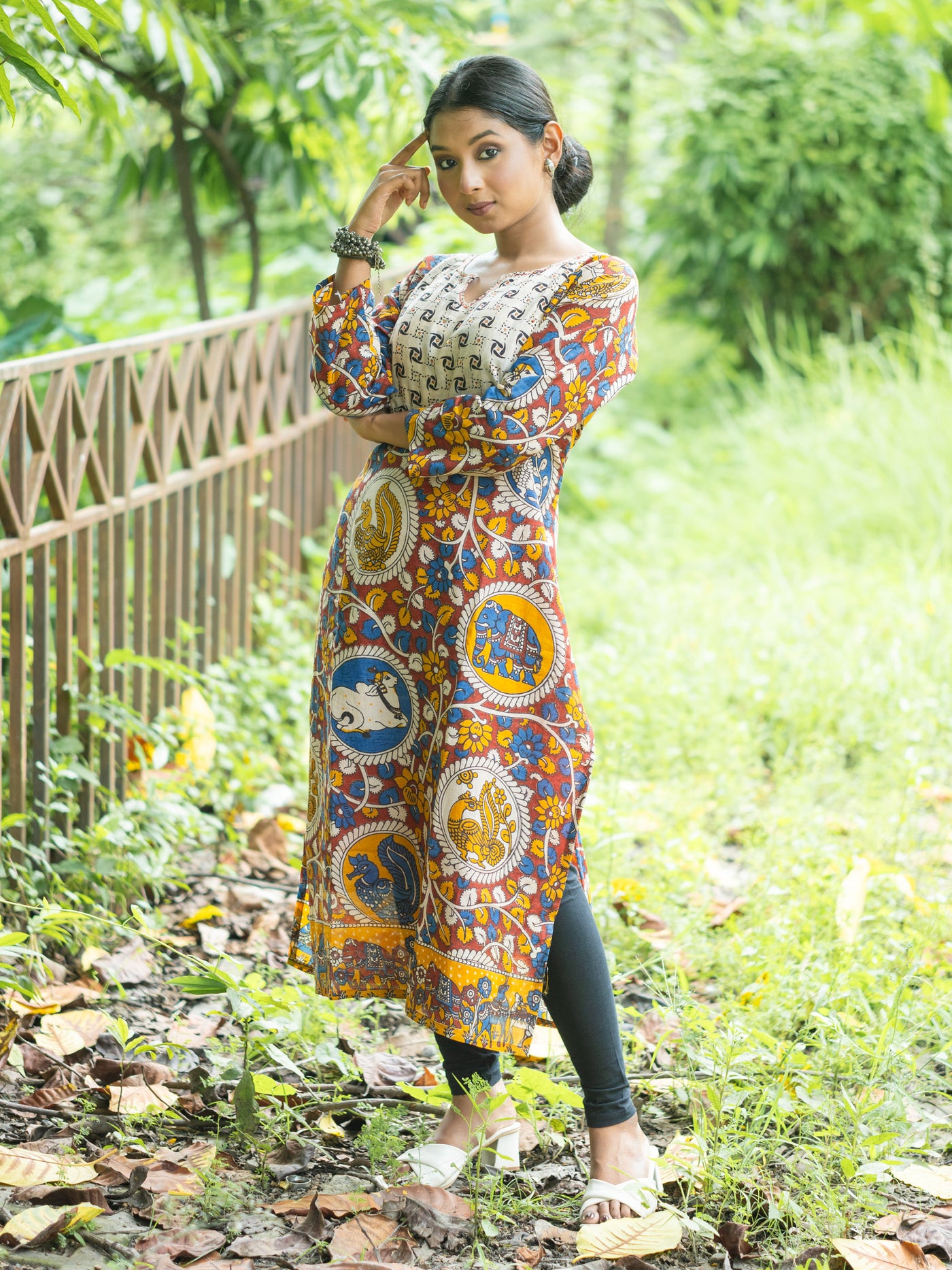 Katha Kalika Silk Kalamkari Kurta - Uttariya