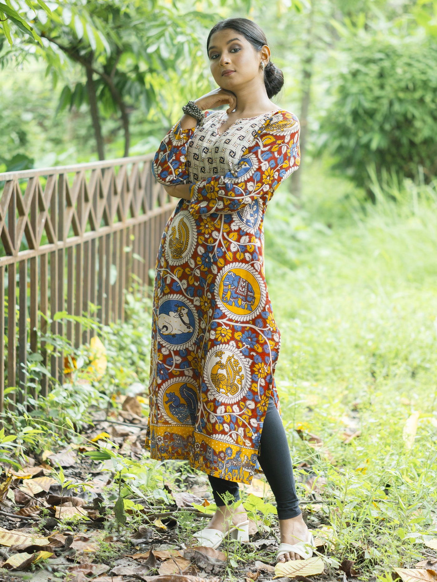 Katha Kalika Silk Kalamkari Kurta - Uttariya