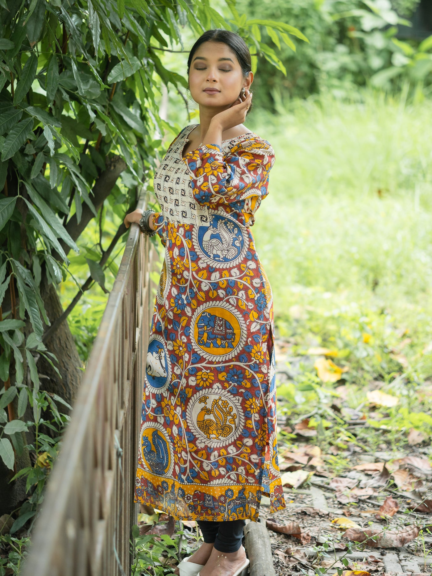 Katha Kalika Silk Kalamkari Kurta - Uttariya