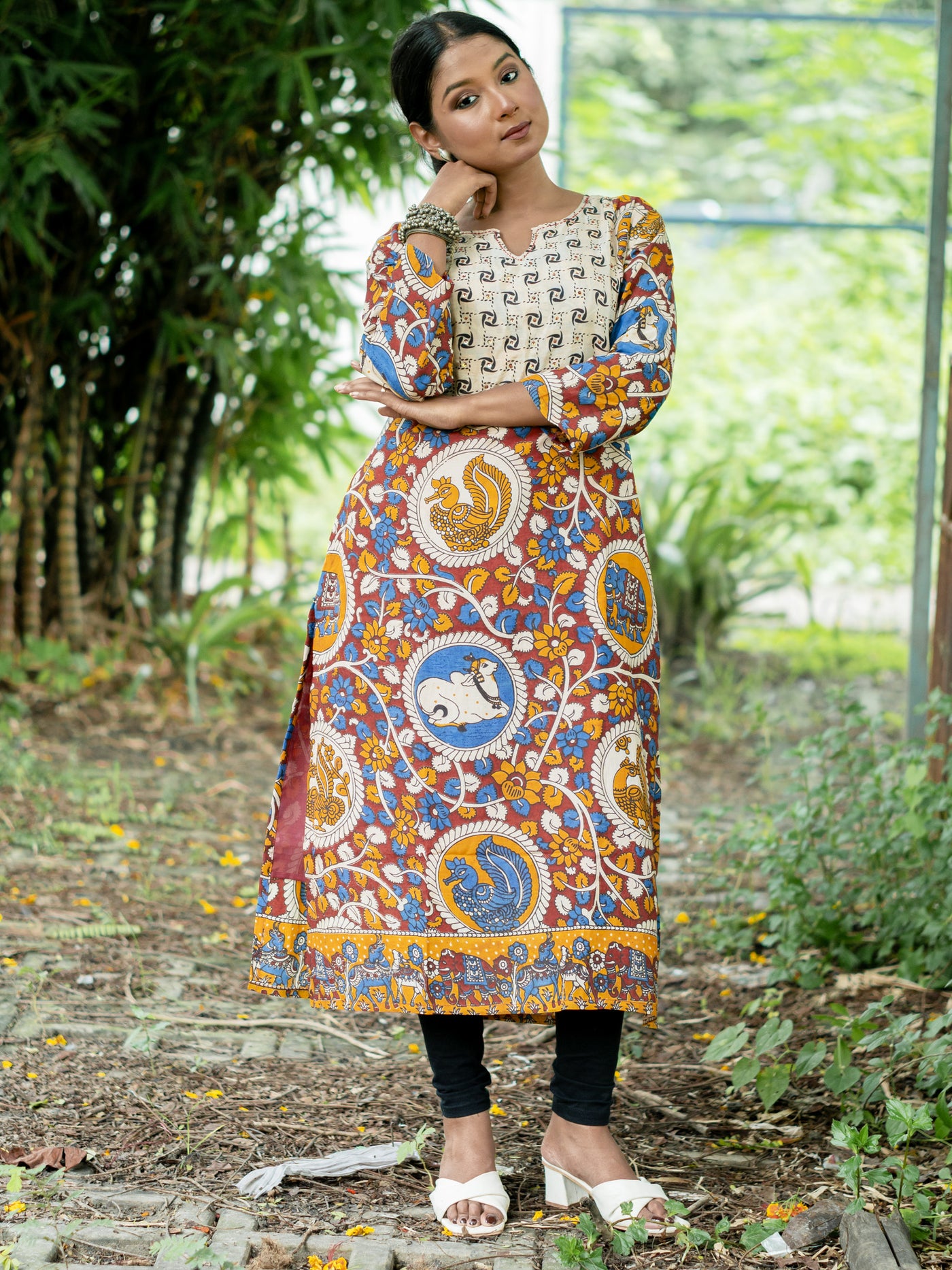 Katha Kalika Silk Kalamkari Kurta - Uttariya