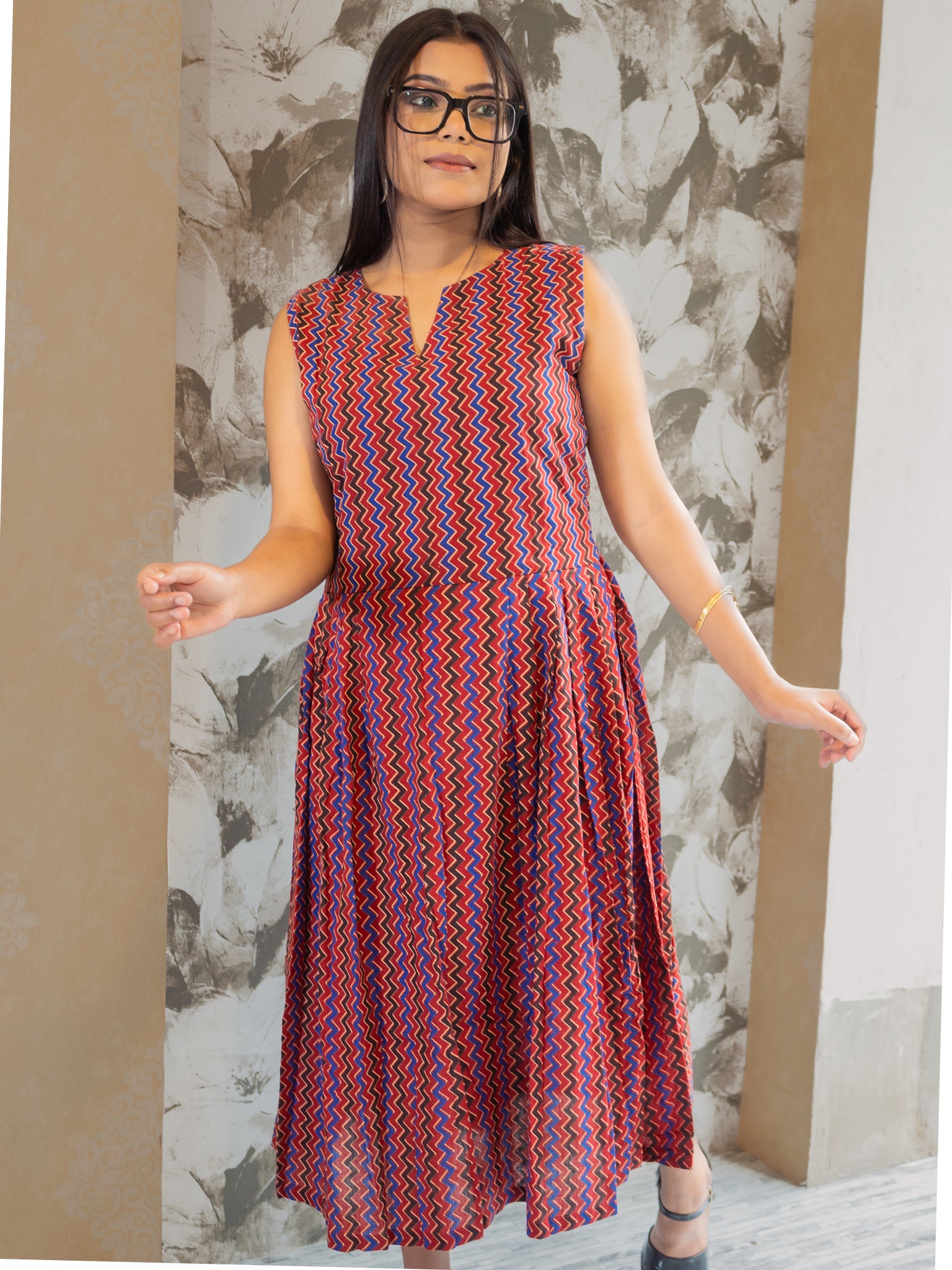 Russet Chevron Rhythm Brown Cotton Dress