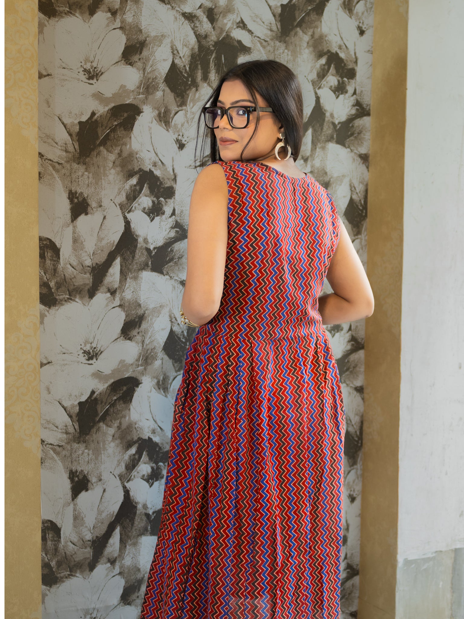 Russet Chevron Rhythm Brown Cotton Dress