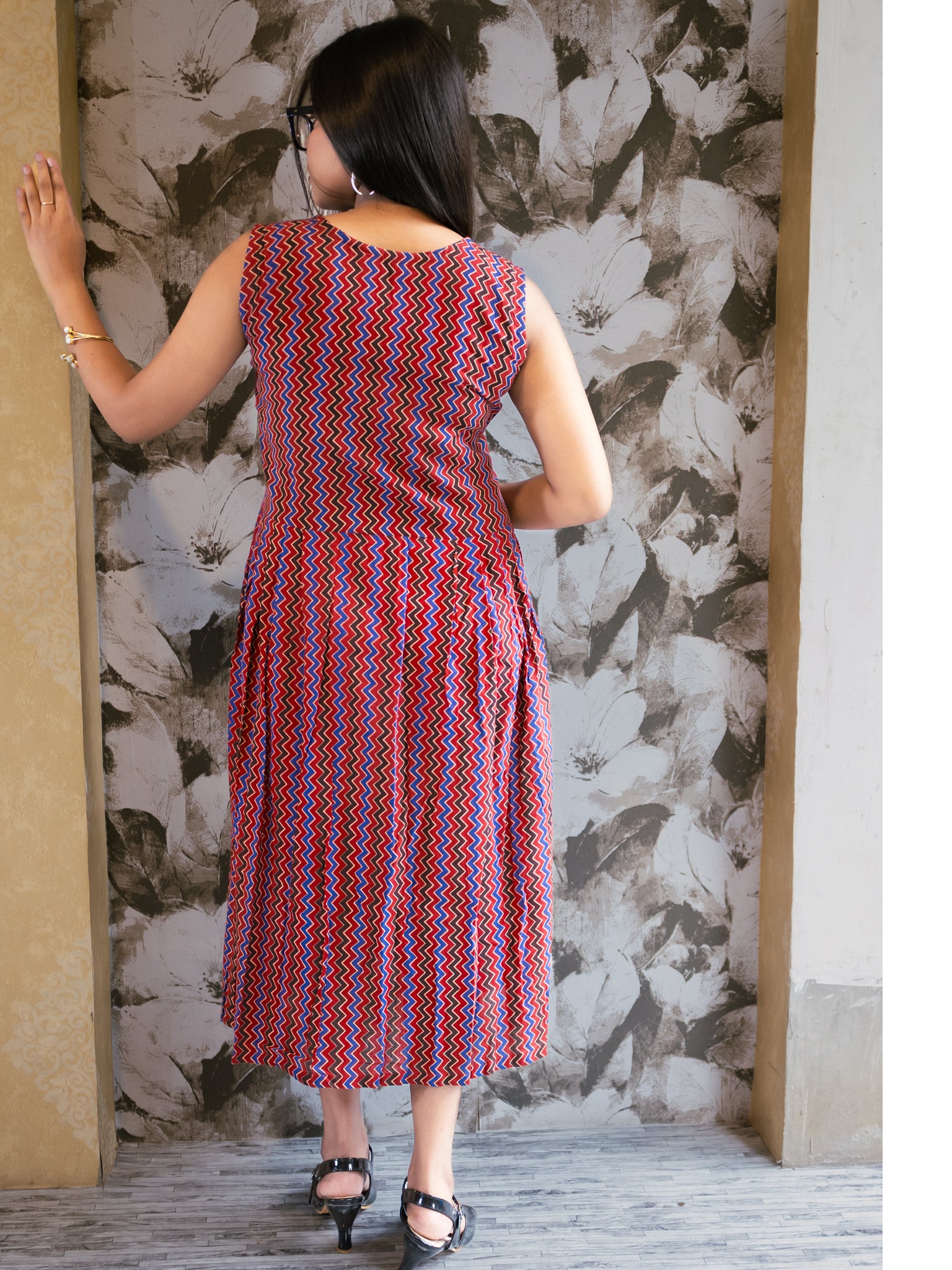 Russet Chevron Rhythm Brown Cotton Dress