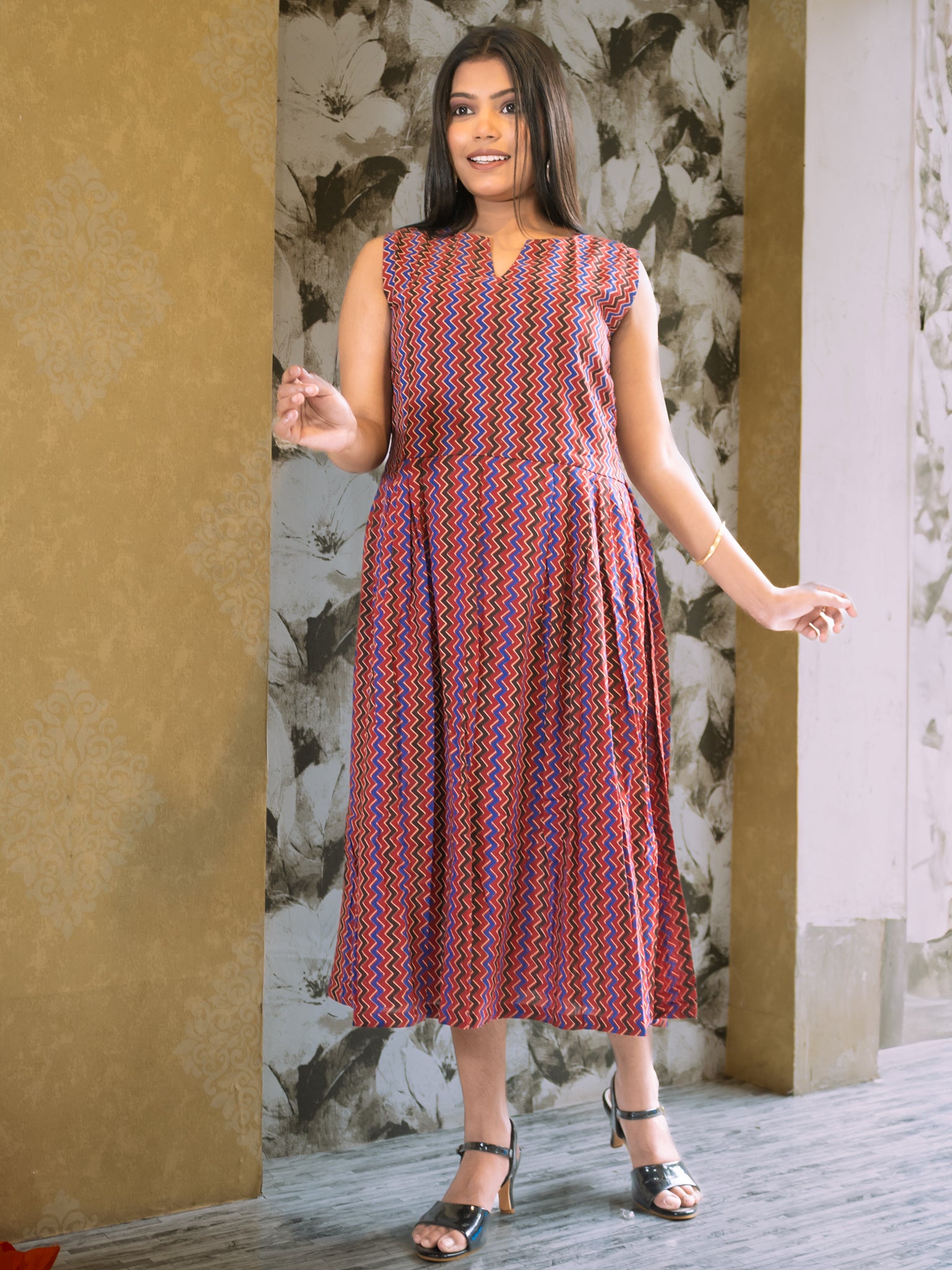 Russet Chevron Rhythm Brown Cotton Dress