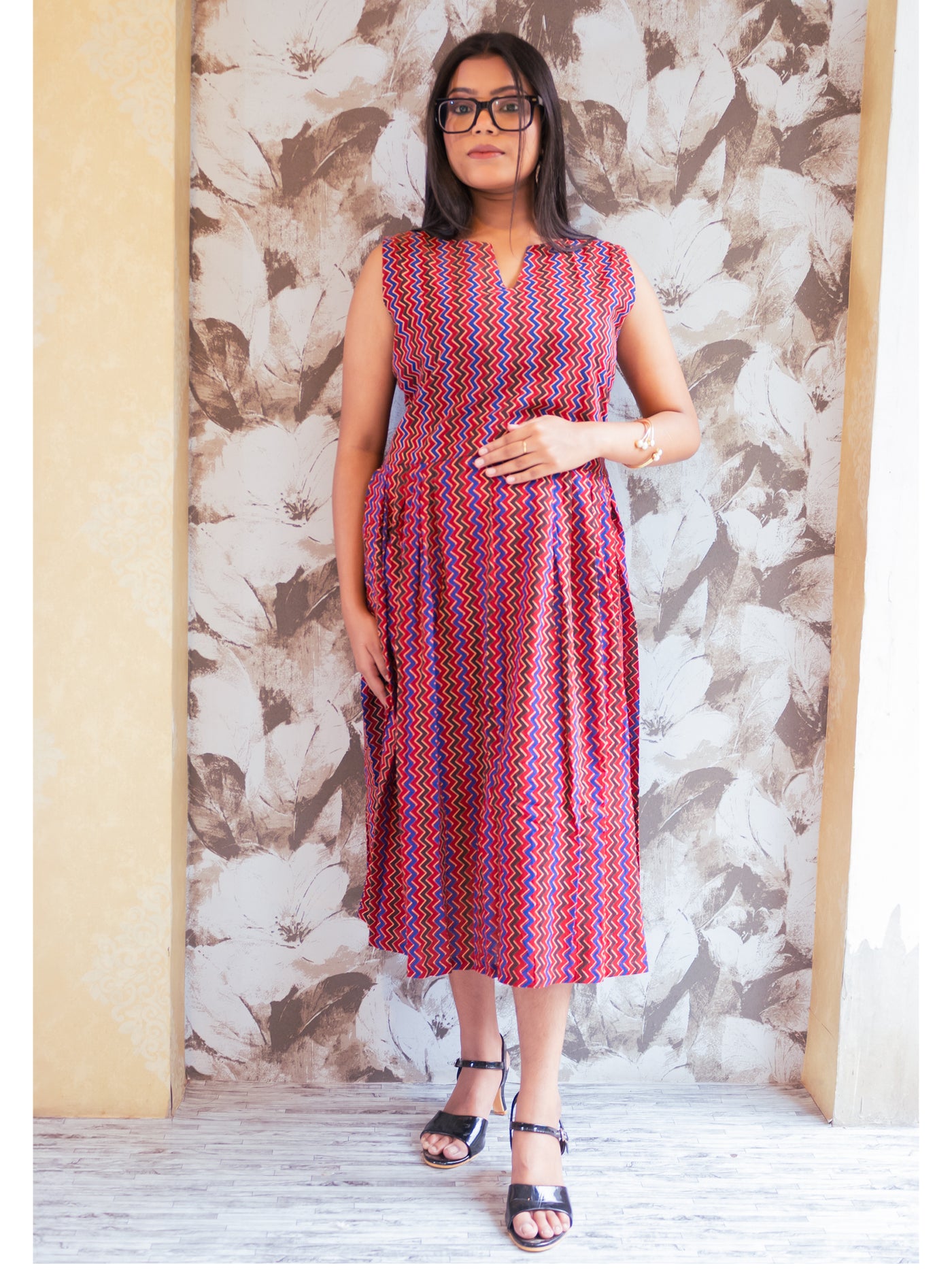 Russet Chevron Rhythm Brown Cotton Dress
