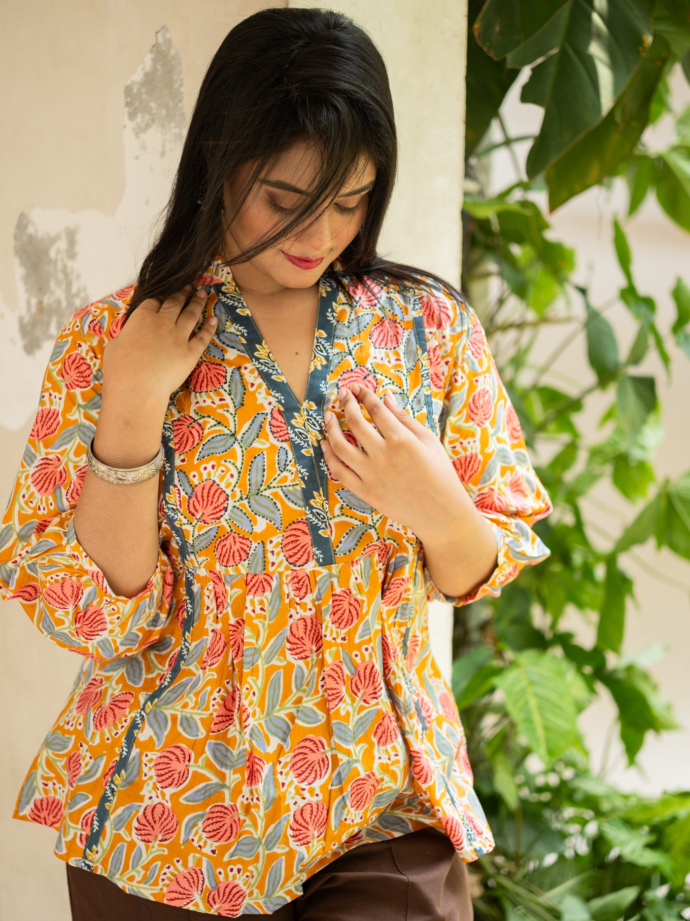 Yellow floral printed top
