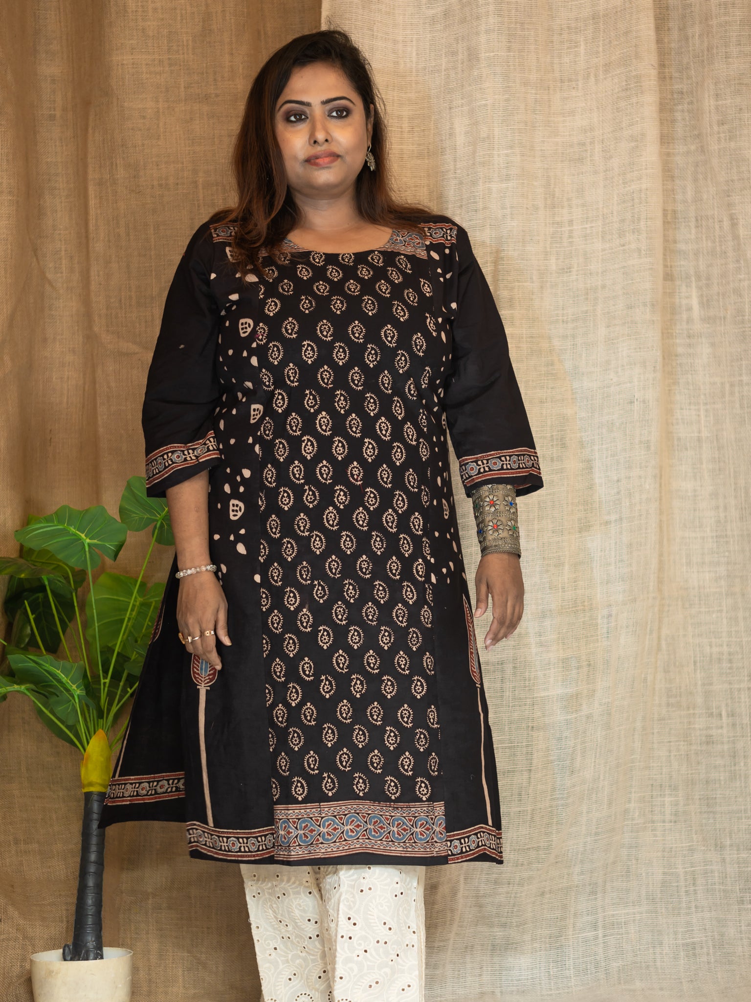 Black Hand-block Design Cotton Kurta