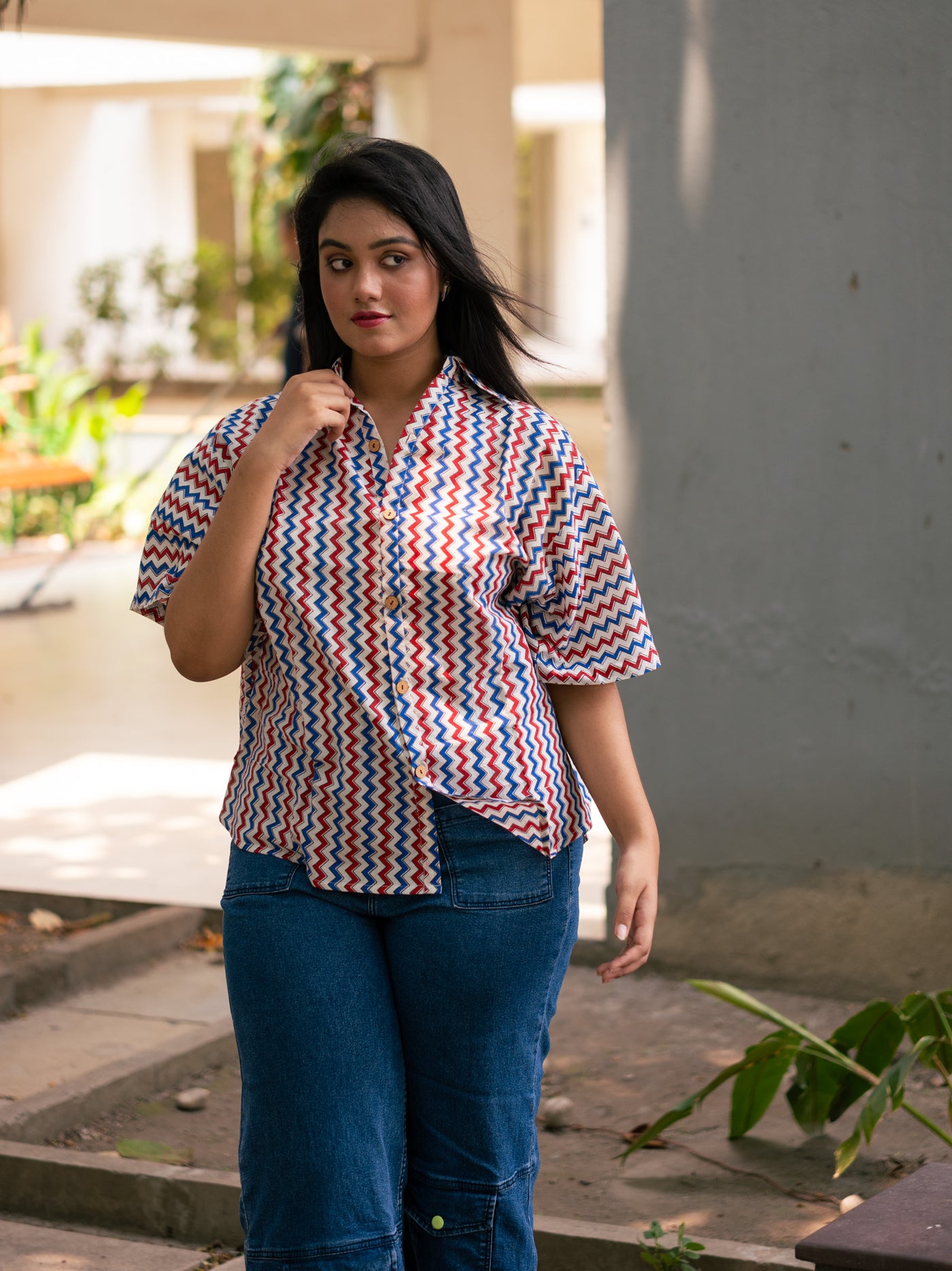 Ajrakh Zigzag printed cotton shirt - Uttariya