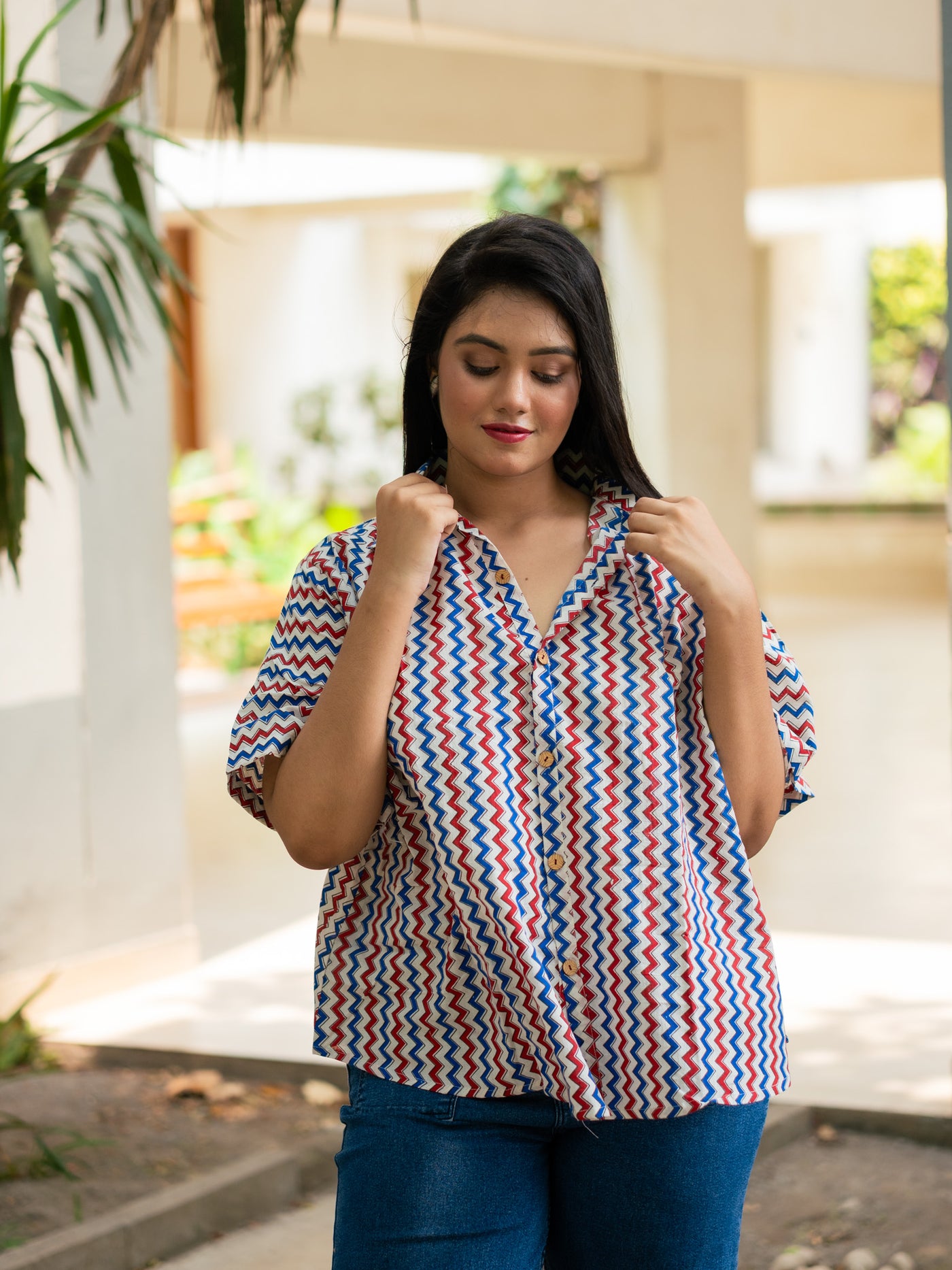 Ajrakh Zigzag printed cotton shirt - Uttariya
