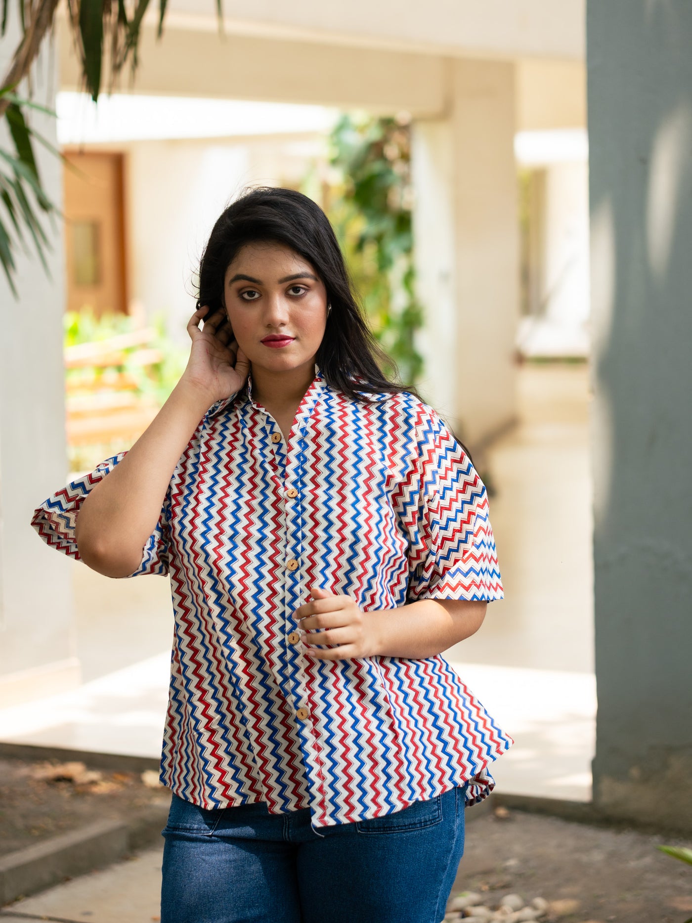 Ajrakh Zigzag printed cotton shirt - Uttariya