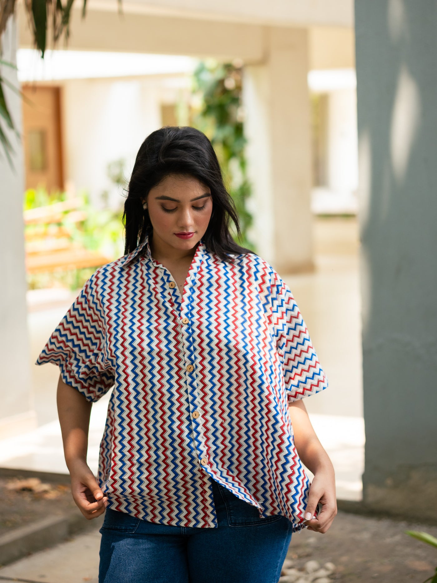 Ajrakh Zigzag printed cotton shirt - Uttariya