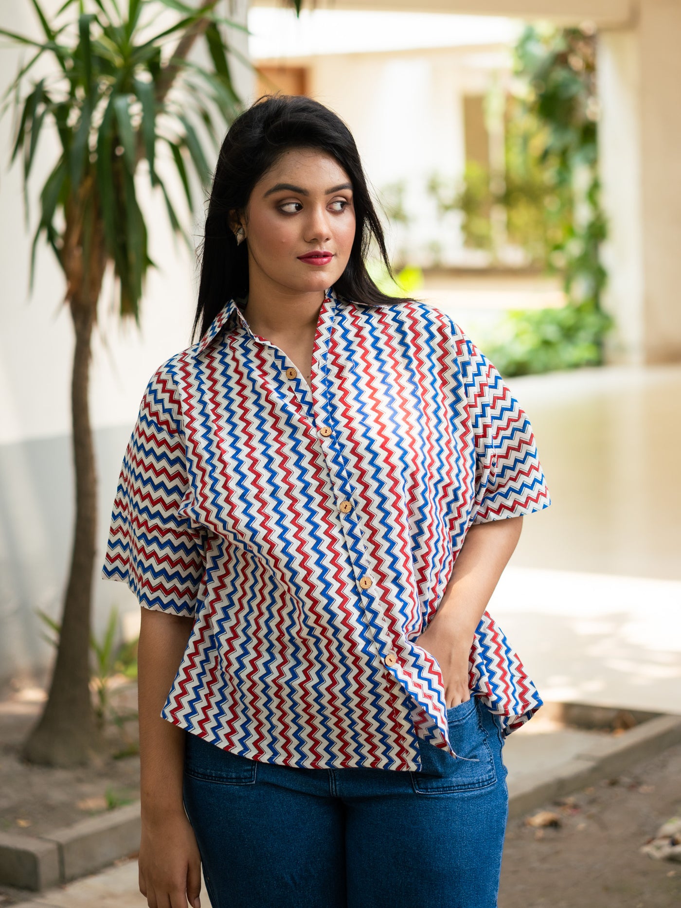 Ajrakh Zigzag printed cotton shirt - Uttariya