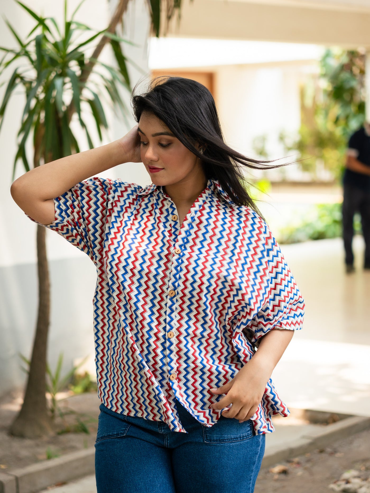 Ajrakh Zigzag printed cotton shirt - Uttariya