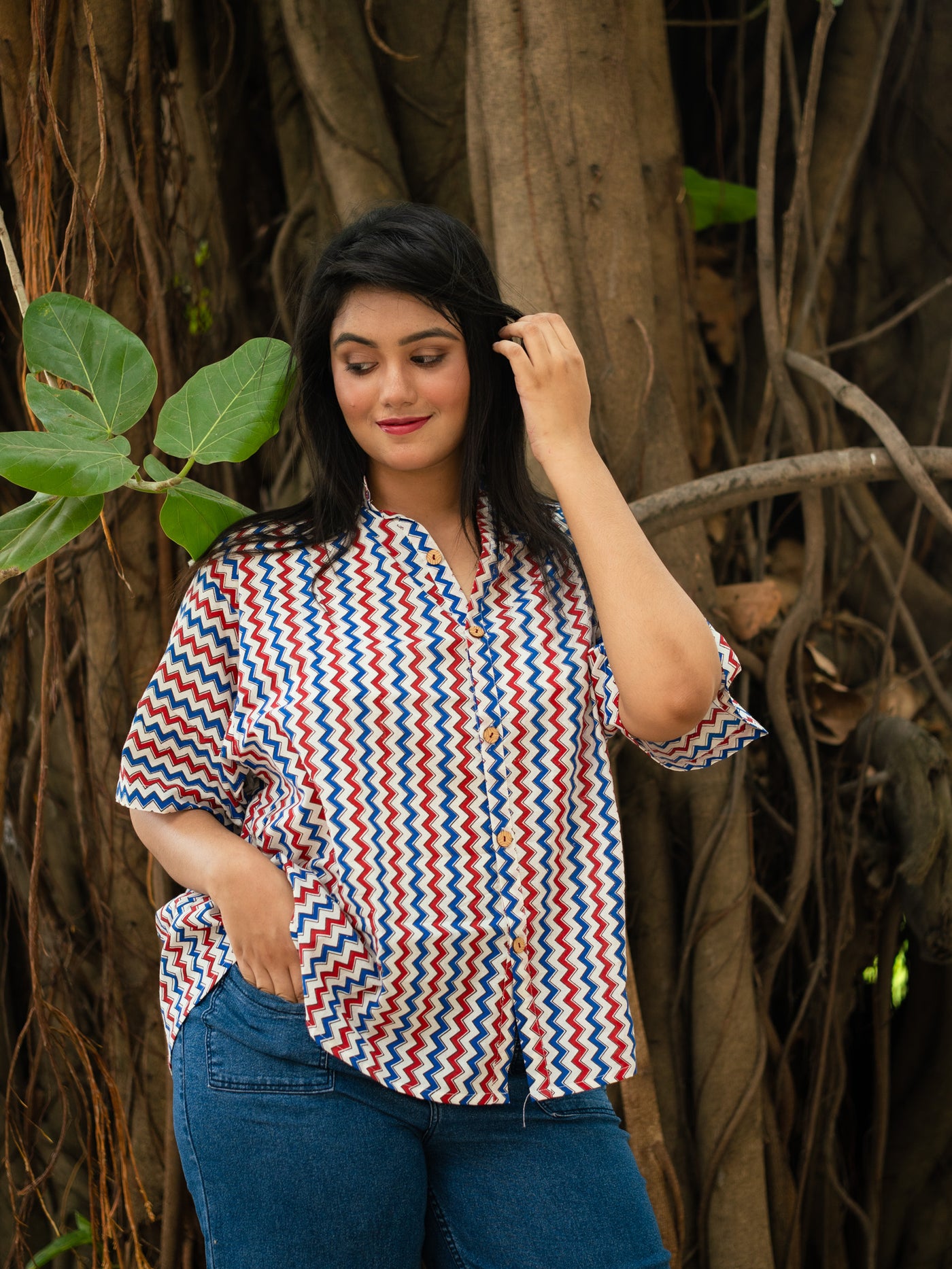 Ajrakh Zigzag printed cotton shirt - Uttariya