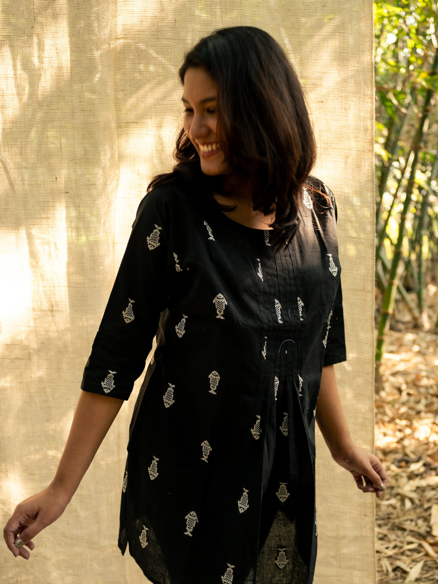 Jet Black Short Hand Crafted Cotton Kurta
