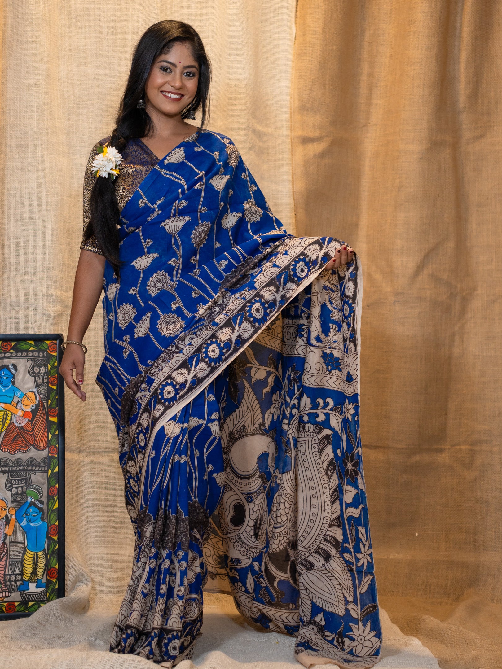 Nila kalamkari Silk Saree