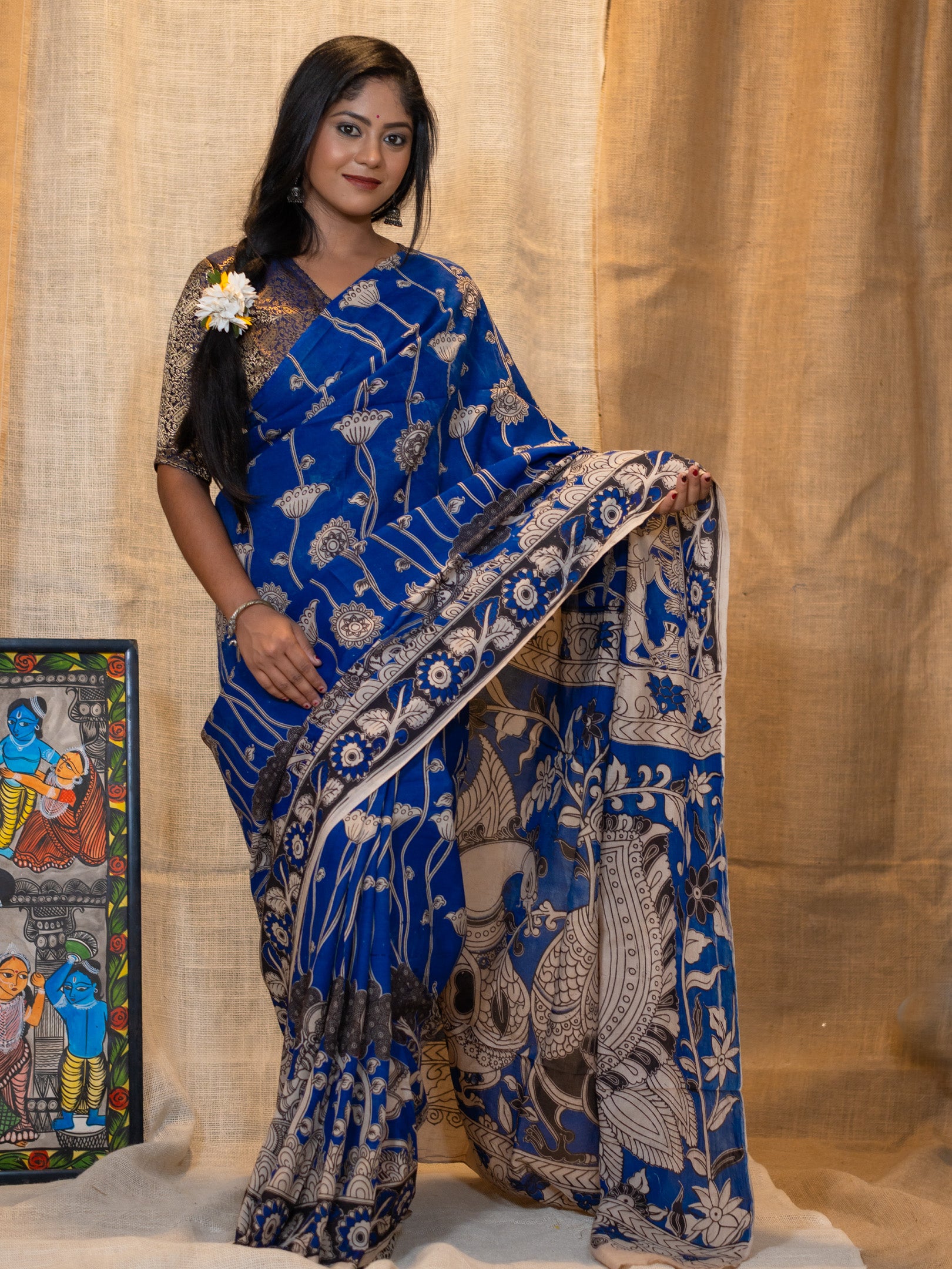 Nila kalamkari Silk Saree
