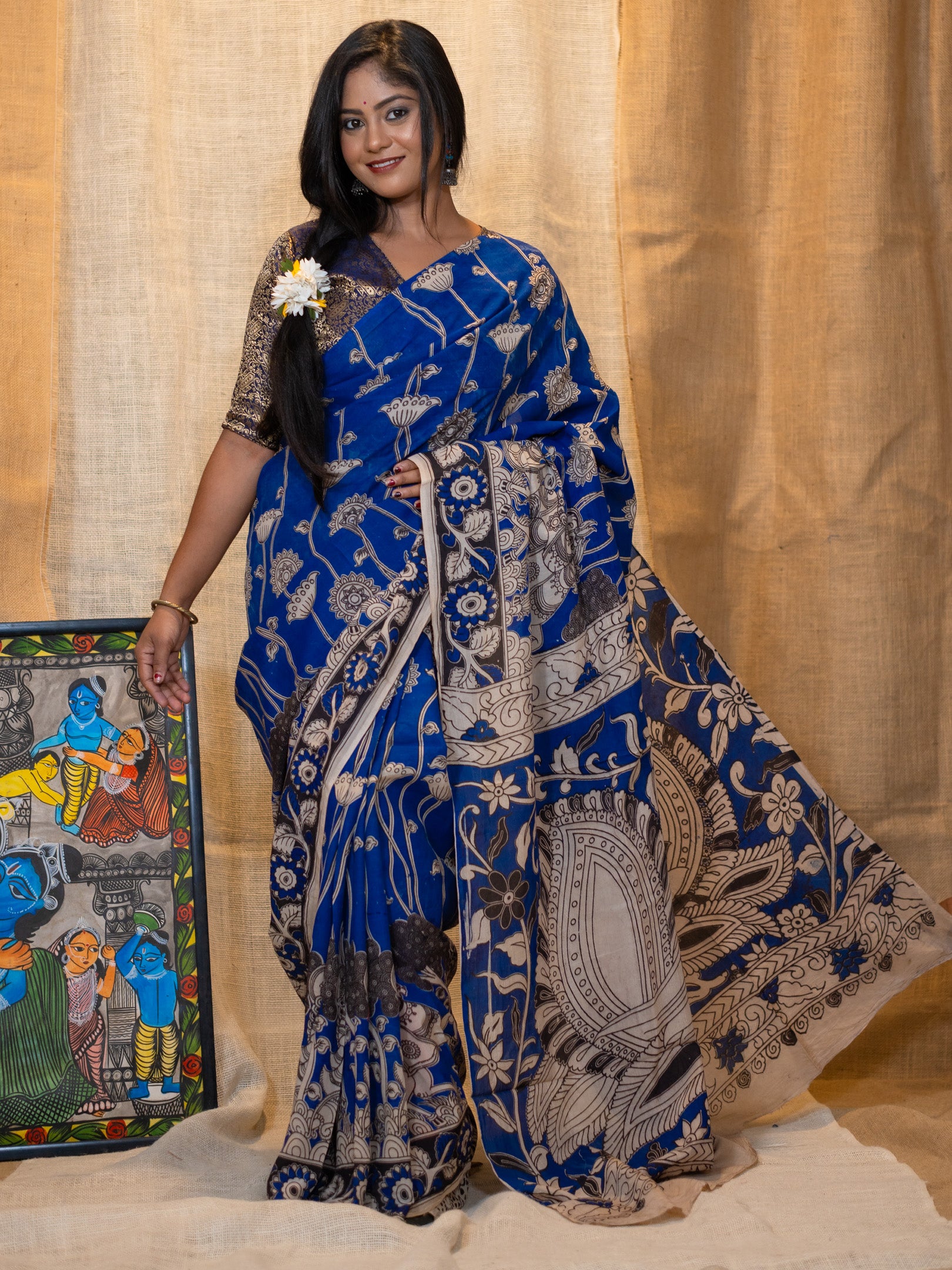 Nila kalamkari Silk Saree